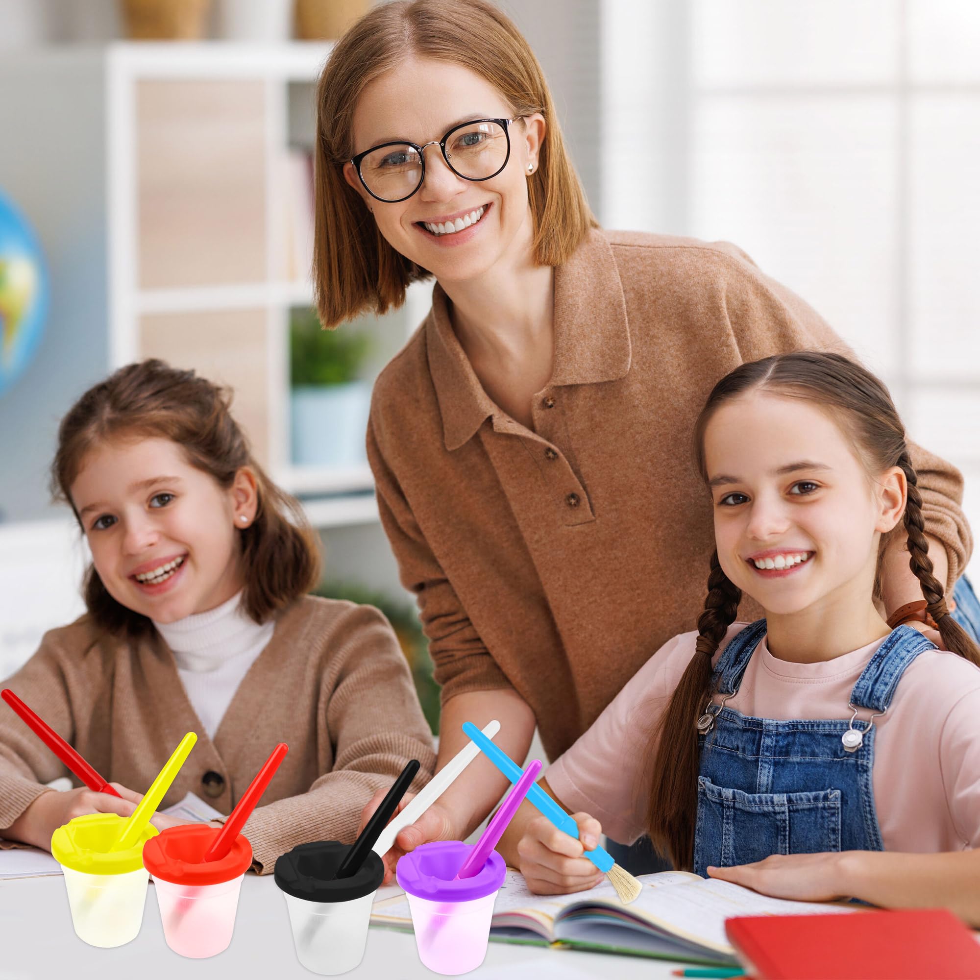 48 Pcs Kids Paint Cups with Lids - 24 No Spill Paint Containers & 24 Toddler Paint Brushes for Preschool Art Supplies, Classroom Furniture - Perfect for DIY Crafts, Home & School Painting Activities