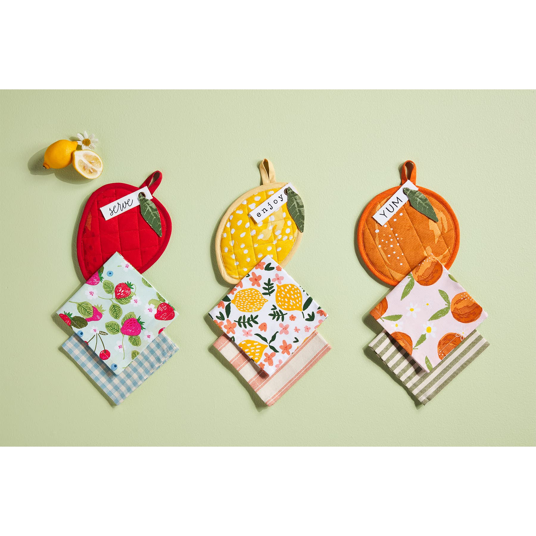 Premium Mud Pie Botanica Fruit 7x7 Inch Pot Holder & 12x12 Inch Towel Set in Orange - Perfect for Kitchen Decor, Hostess Gifts & Farmhouse Style Homes