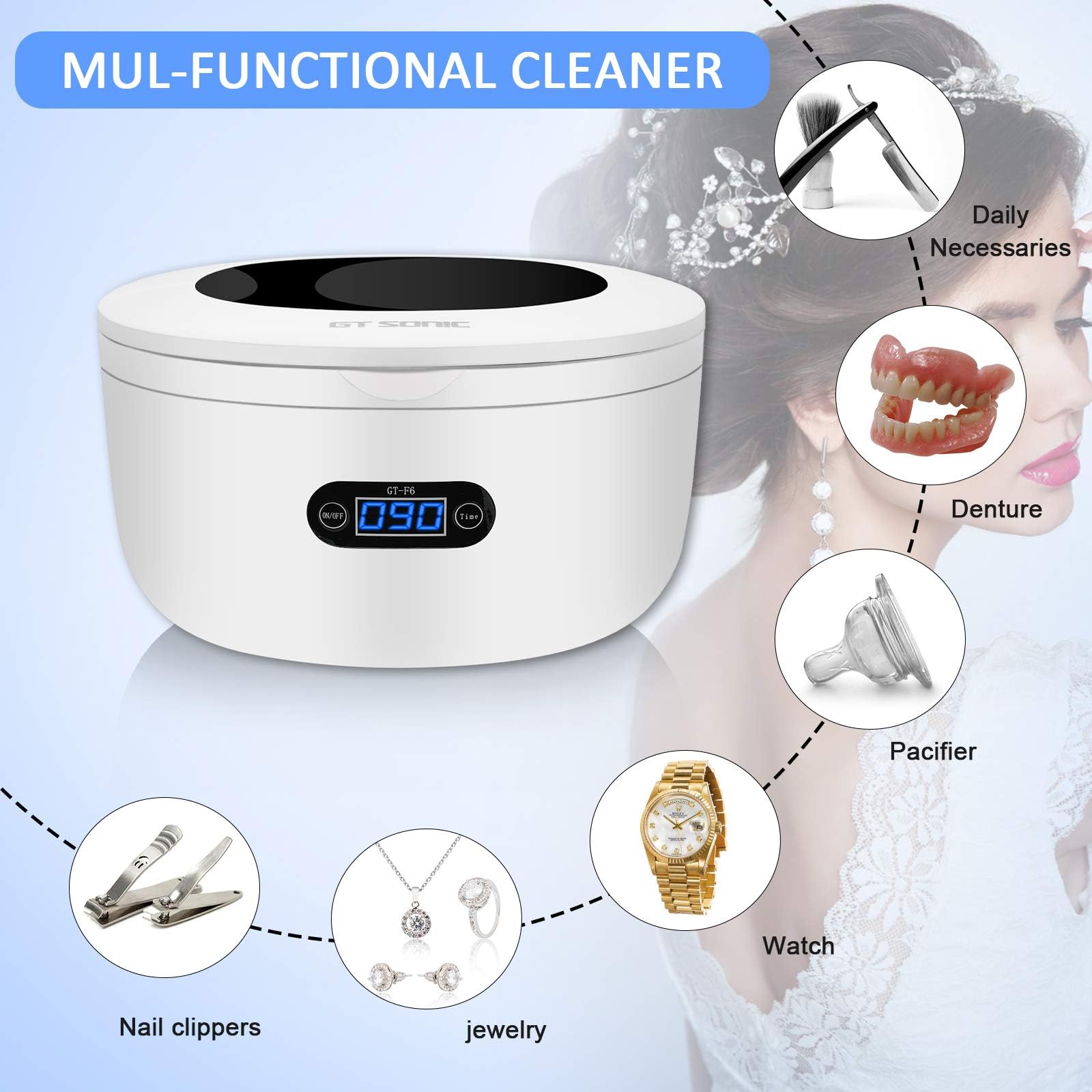 Ultrasonic Jewelry Cleaner for Rings, Watches, Eyeglasses & More - 25oz Tank with Digital Timer - Perfect for Home Jewelry Care, Watch Cleaning & Denture Maintenance