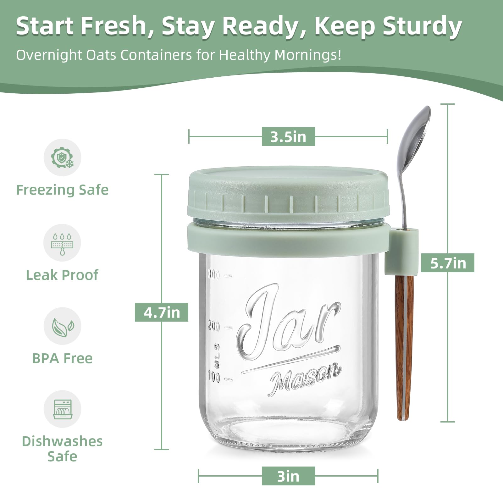 LANDNEOO 4 Pack 16 oz Glass Mason Jars with Airtight Lids & Spoons - Reusable Overnight Oats Containers for Milk, Cereal, Yogurt & Fruit - Perfect for Meal Prep, Breakfast, Office Lunch & Healthy Snacks