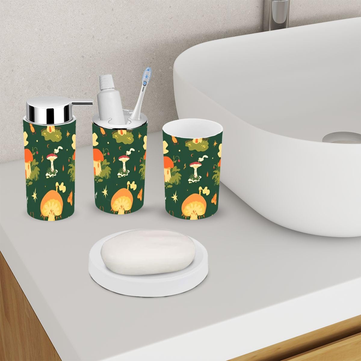 6-Piece Mushroom Fairy Village Bathroom Accessory Set - Toothbrush Holder, Cup, Soap Dispenser, Dish, Toilet Brush & Trash Can - Cute Seamless Mushroom House Decor for Kids & Fantasy Theme Bathrooms