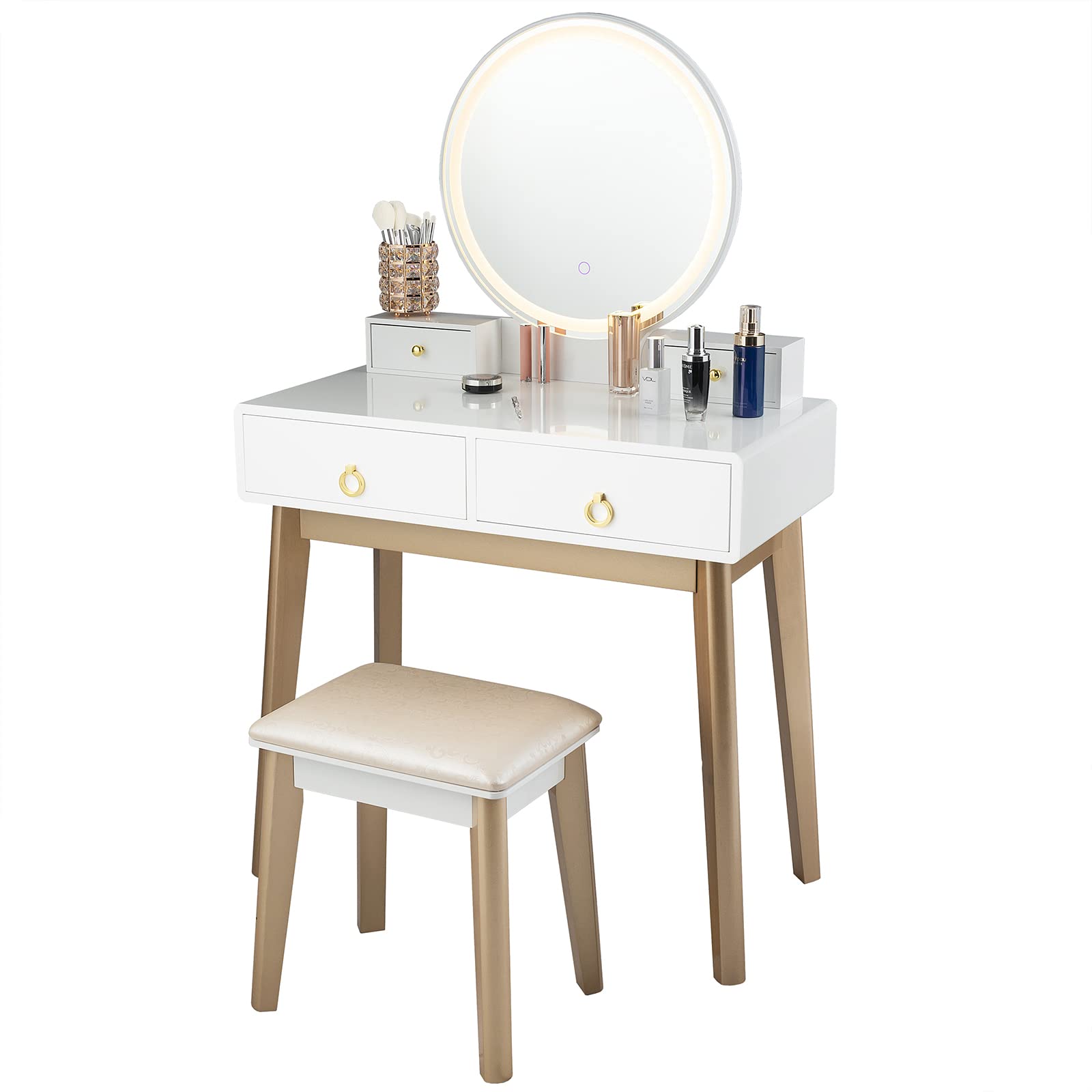 Nightcore Vanity Set with Round LED Lighted Mirror, Modern Makeup Vanity Desk with Cushioned Stool & 4 Drawers - White Dressing Table for Women & Girls | Perfect for Bedroom, Bathroom & Home Beauty Station