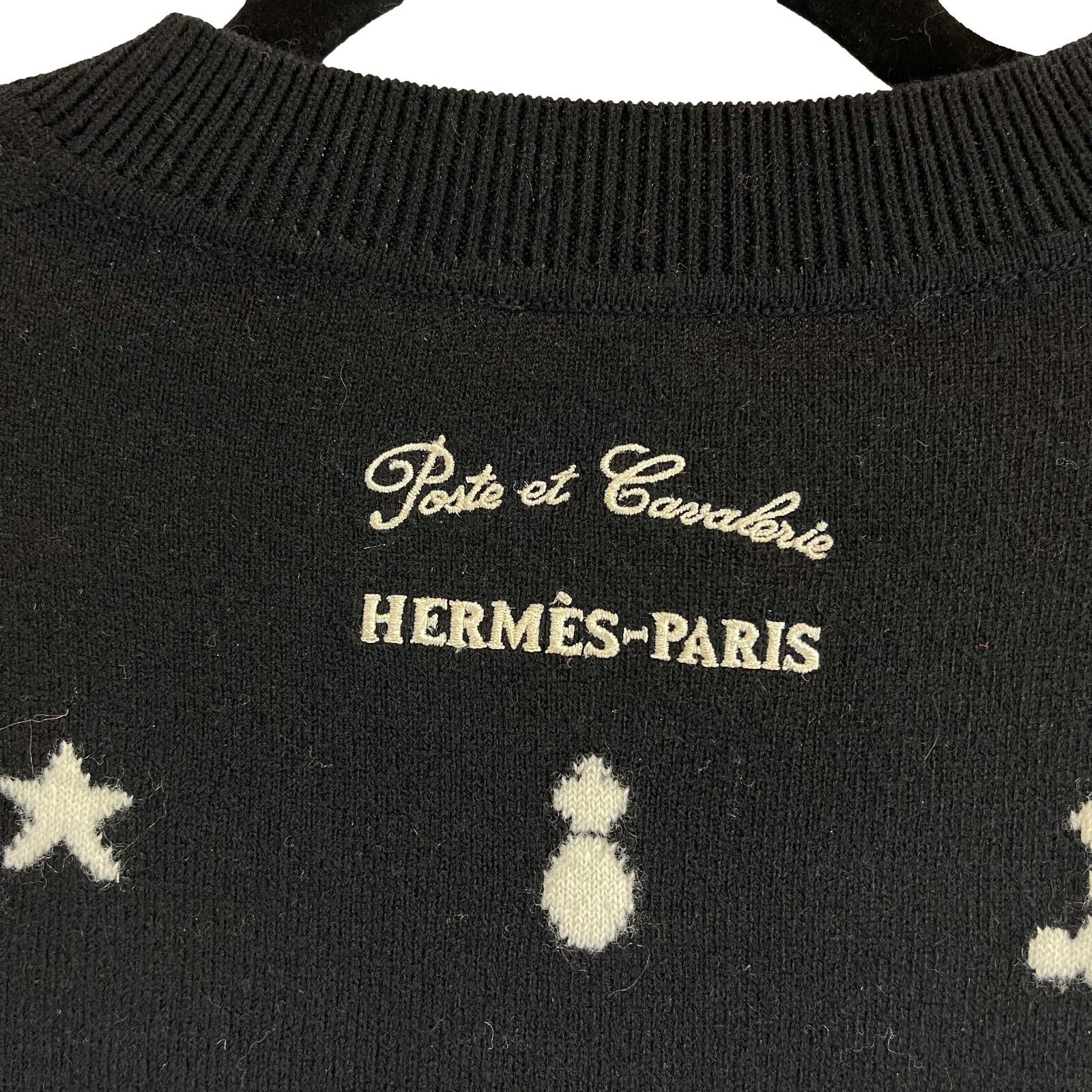 Hermes Rare Black & White Embroidered Postes et Cavalerie Cashmere Sweater - Size 36 (US 4) | Luxury Women's Knitwear for Fall & Winter Fashion