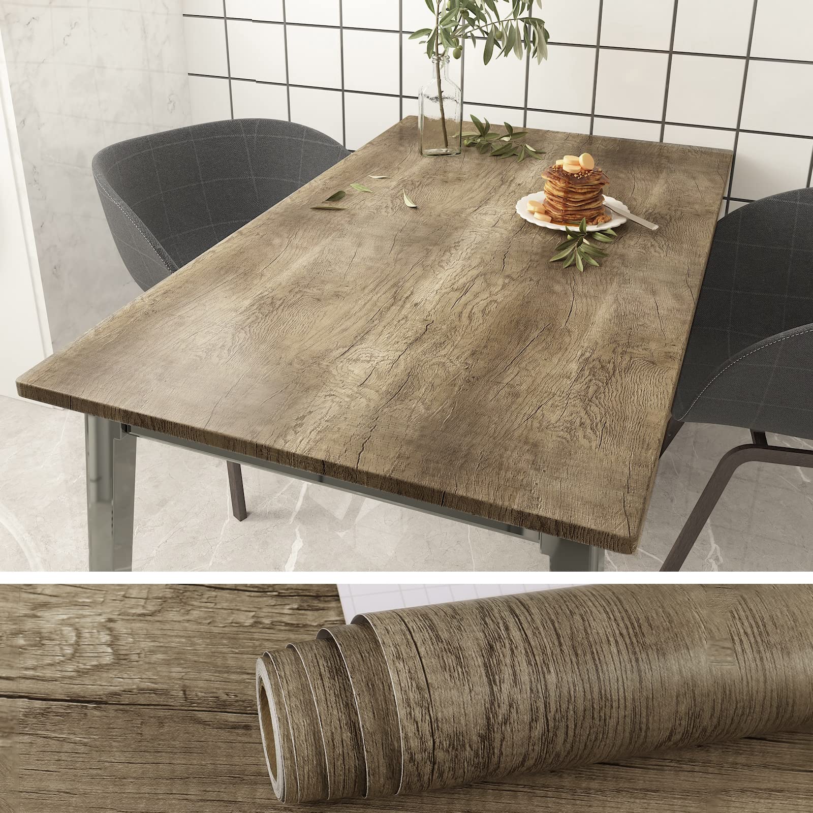 VEELIKE Light Brown Wood Wallpaper Peel and Stick - 15.7''x118'' Rustic Wood Plank Contact Paper, Self-Adhesive Waterproof Removable Wood Grain Vinyl Wrap for Cabinets, Furniture, Desk, Walls - Perfect for Home Office, Kitchen Backsplash, DIY Projects & Room Makeovers