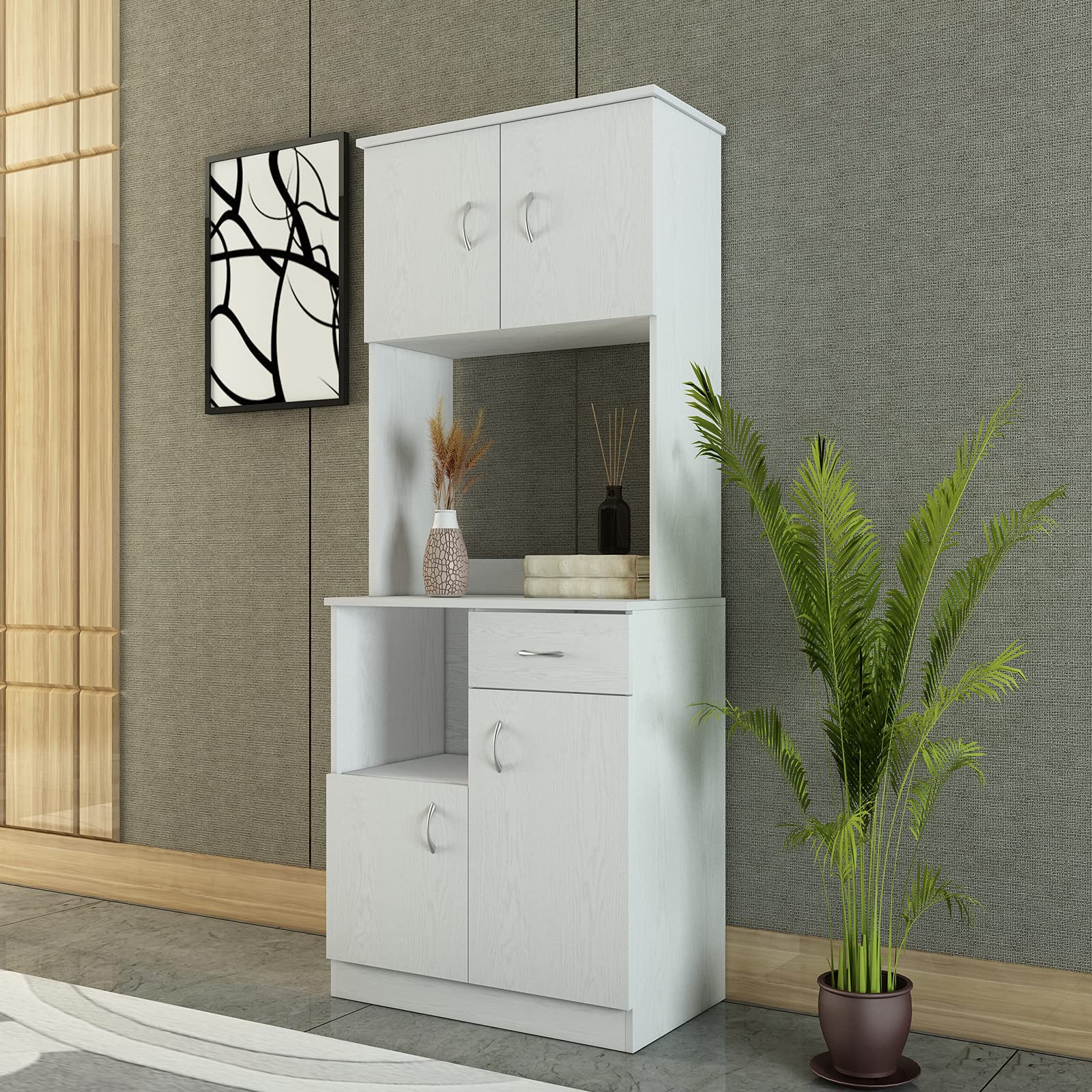 Modern White Tall Storage Cabinet - Free Standing Kitchen Pantry with Doors & Drawers | Elegant Wood Bedroom Wardrobe | Floor Utility Cabinet with Open Shelf | Perfect for Dining Room, Living Room & Bedroom Organization