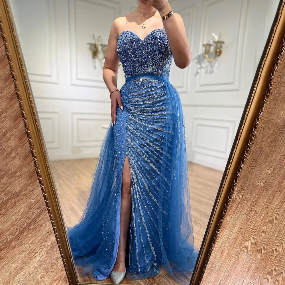 Elegant Blue One Shoulder Mermaid Evening Dress with Beaded Detail & Overskirt for Women - Perfect for Prom, Gala, and Formal Parties