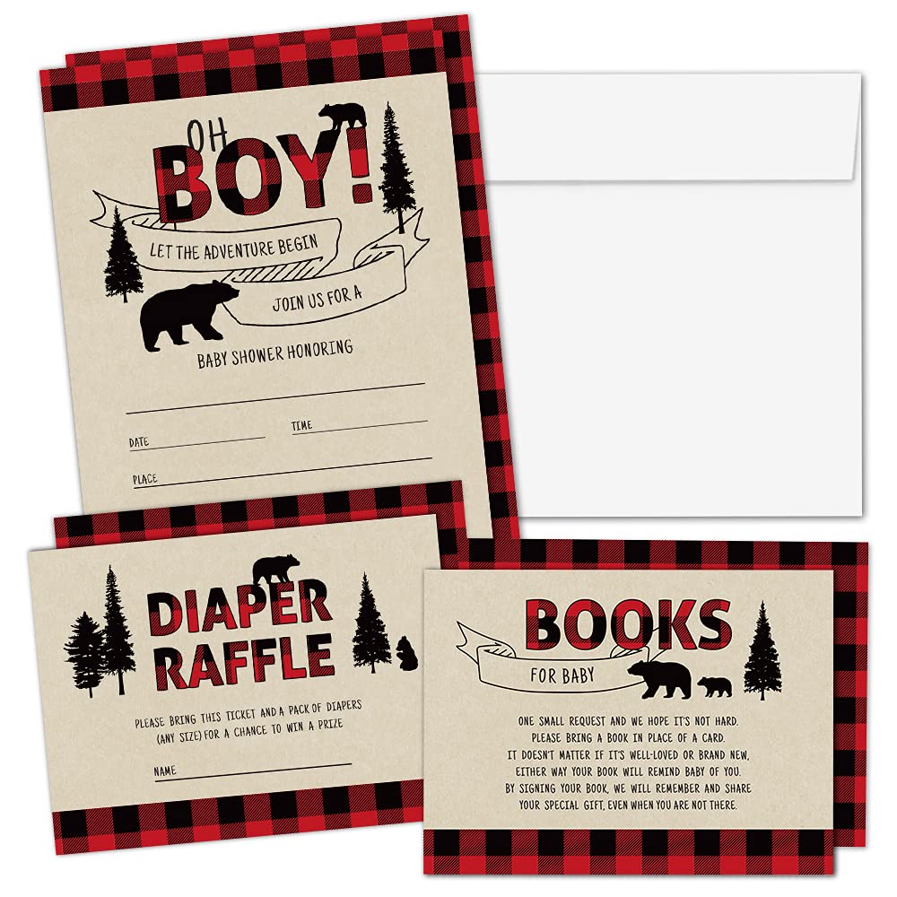 25-Piece Lumberjack Baby Shower Invitation Set with Diaper Raffle Tickets & Book Request Cards | Woodland Bear-Themed Baby Boy Shower Supplies for Rustic Nursery Decor & Gender Reveal Parties