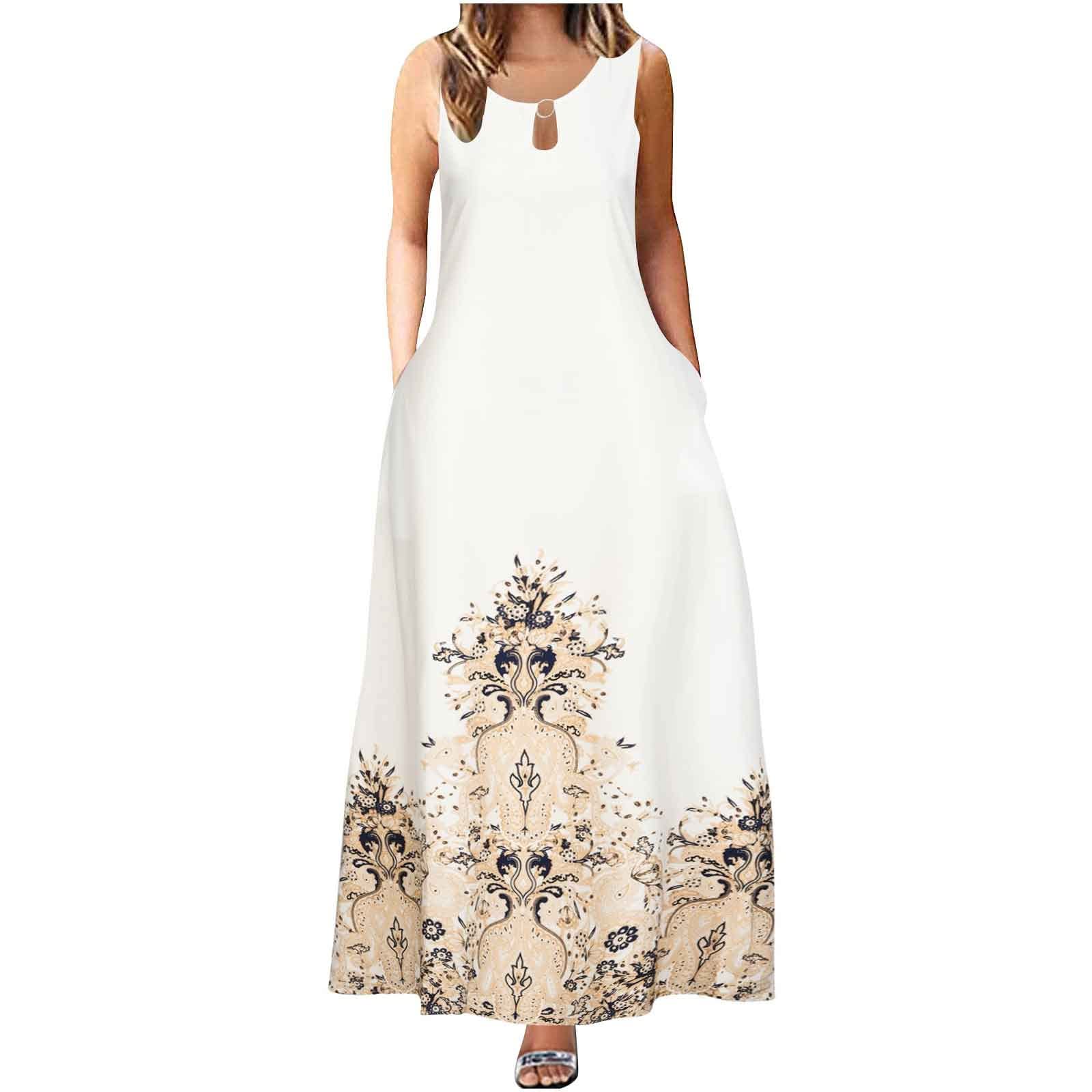 Women's Summer Sleeveless Floral Print Maxi Dress - Vintage Crewneck Swing Hem Loose Tunic with Pockets | Beach Cover-up, Casual Outing, Vacation Wear