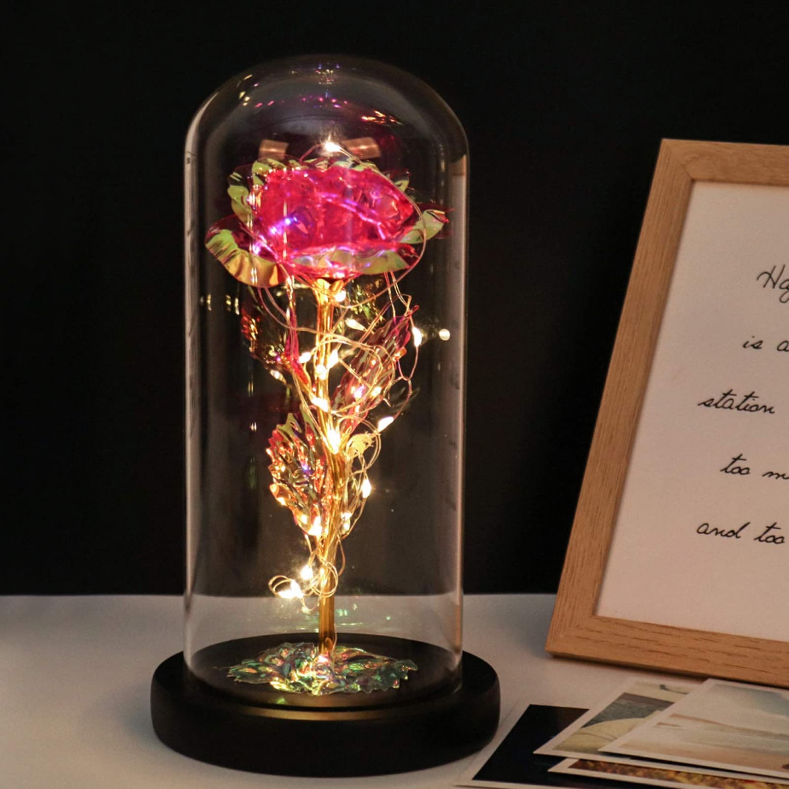 Eternal Rose Under Glass Dome - Valentine's Day Gift for Her, Galaxy Rose with LED Lights, Artificial Flower Gift for Women, Mom, Mother, Grandma - Perfect for Mother's Day, Wedding, Anniversary, Home Decor, Romantic Proposal, Bedroom Centerpiece