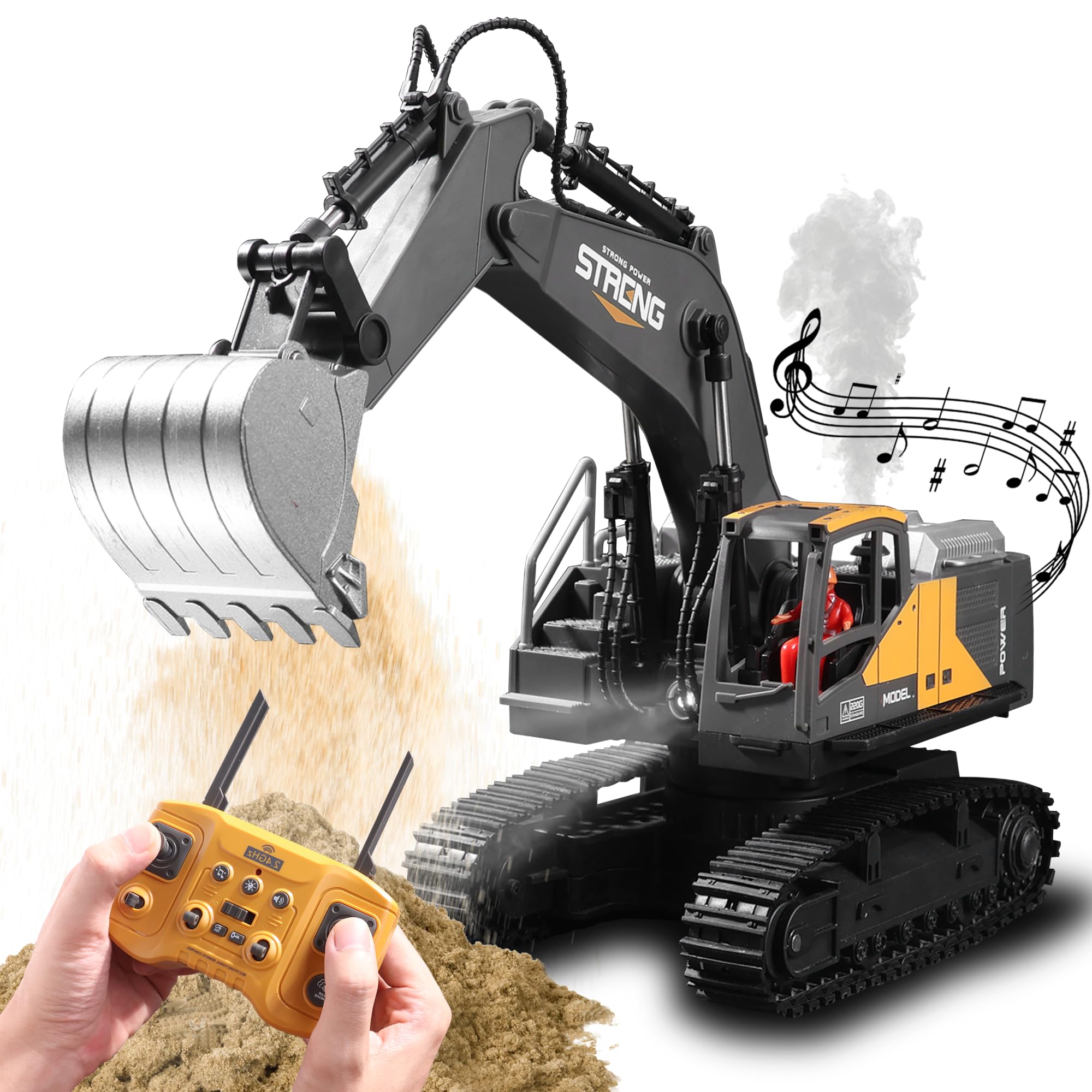 16 Channel Remote Control Excavator Toy - RC Construction Digger with Metal Head, One-Click Acceleration, Realistic Smoke/Sound/Lights - Best Gift for Boys Ages 6-12 | Outdoor Play, Construction Pretend, Birthday Present