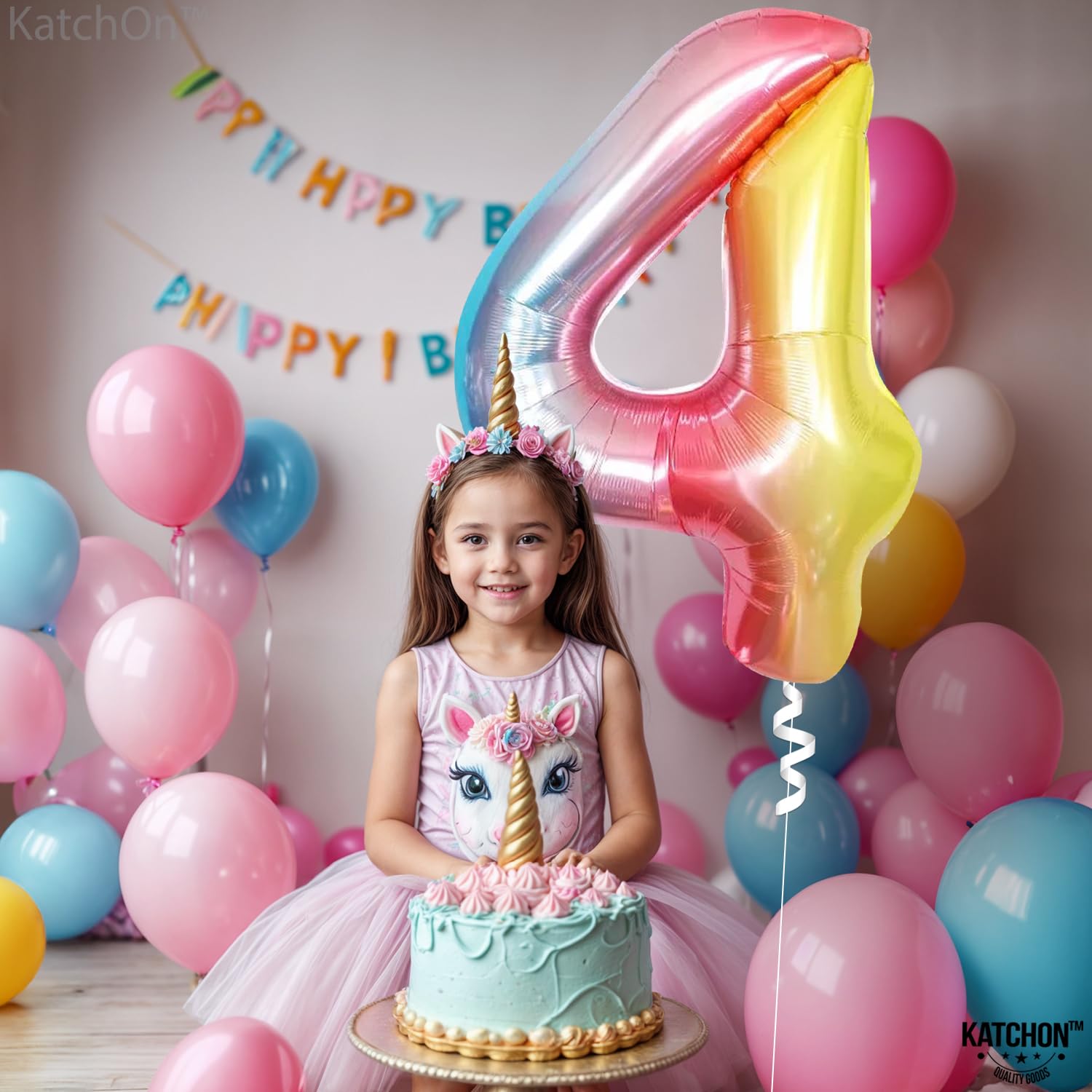 KatchOn Giant 40 Inch Rainbow Number 4 Balloon - Unicorn & Mermaid Birthday Party Decorations for 4th Birthday, Baby Shower, Gender Reveal, Photo Backdrop