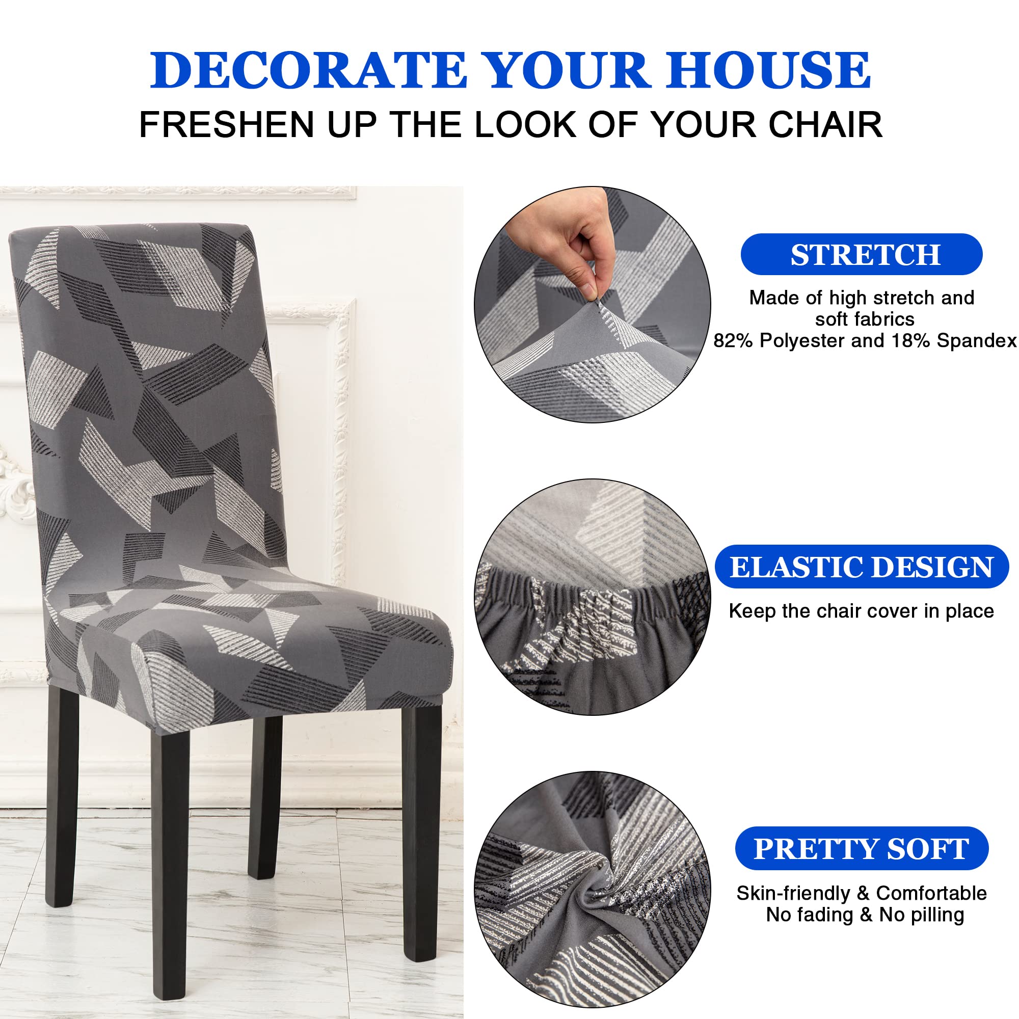 Stretchable Spandex Dining Chair Covers Set of 6 - Grey Triangle Pattern Slipcovers for Kitchen, Parsons & Dining Room Chairs | Washable Fabric Protectors for Home, Restaurant & Office Use