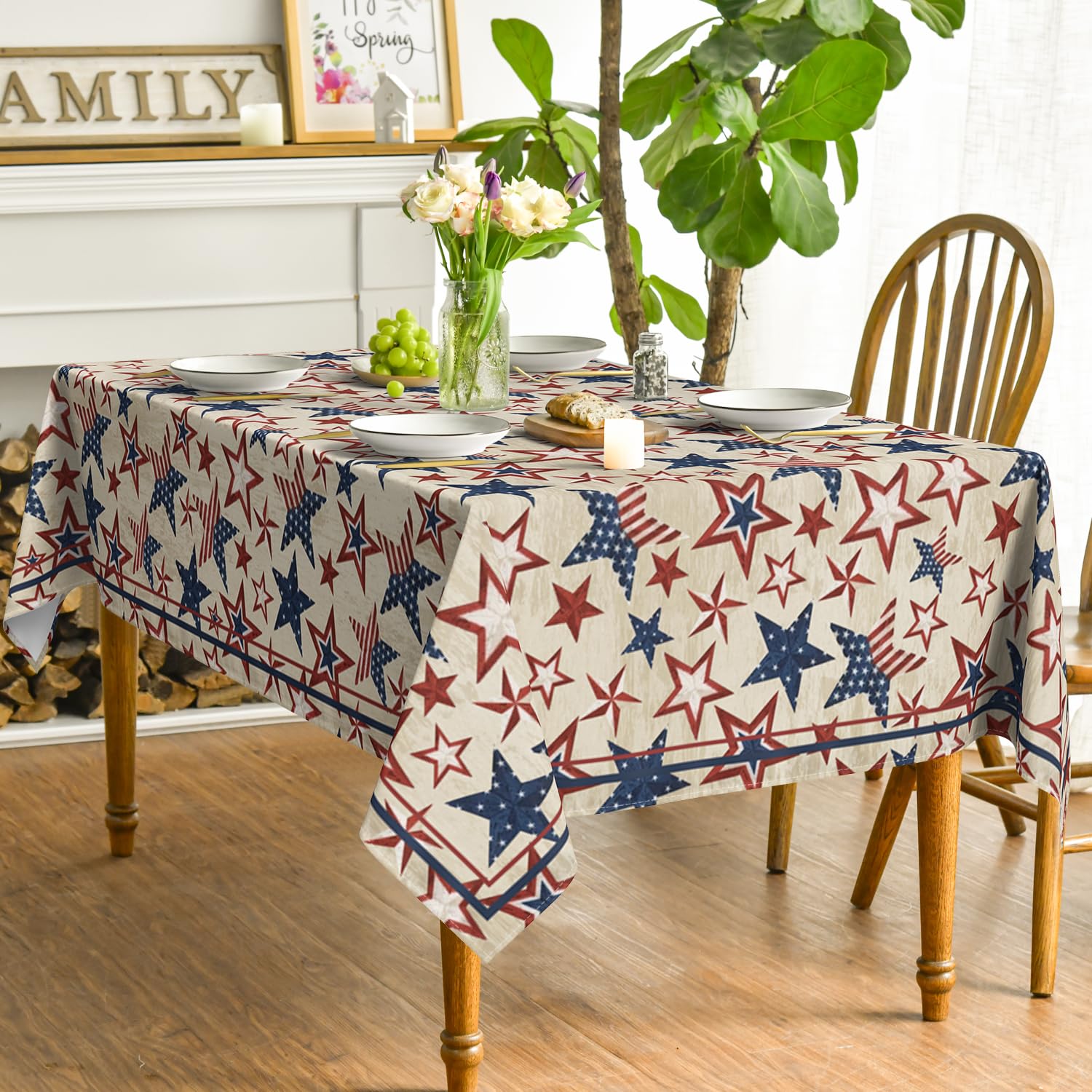 Horaldaily 4th of July Patriotic Tablecloth 60x84 Inch - Red White Blue Star American Flag Design Washable Rectangular Table Cover for Independence Day, Memorial Day, BBQ, Picnic & Outdoor Party Decor