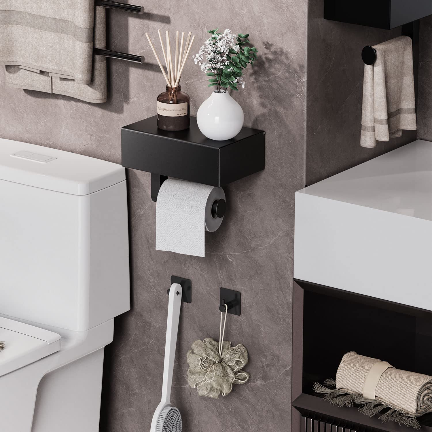 Stainless Steel Toilet Paper Holder with Shelf & Wipes Dispenser - Wall Mount Bathroom Organizer for Toilet Paper & Flushable Wipes Storage | Matte Black Finish | Perfect for Small Bathrooms & Powder Rooms