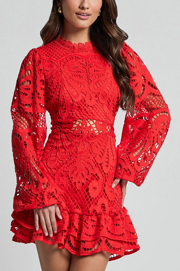 Elegant Solid Color Hollow Long Sleeve Waisted Lace Mini Dress for Women - Perfect for Parties, Dates & Special Occasions