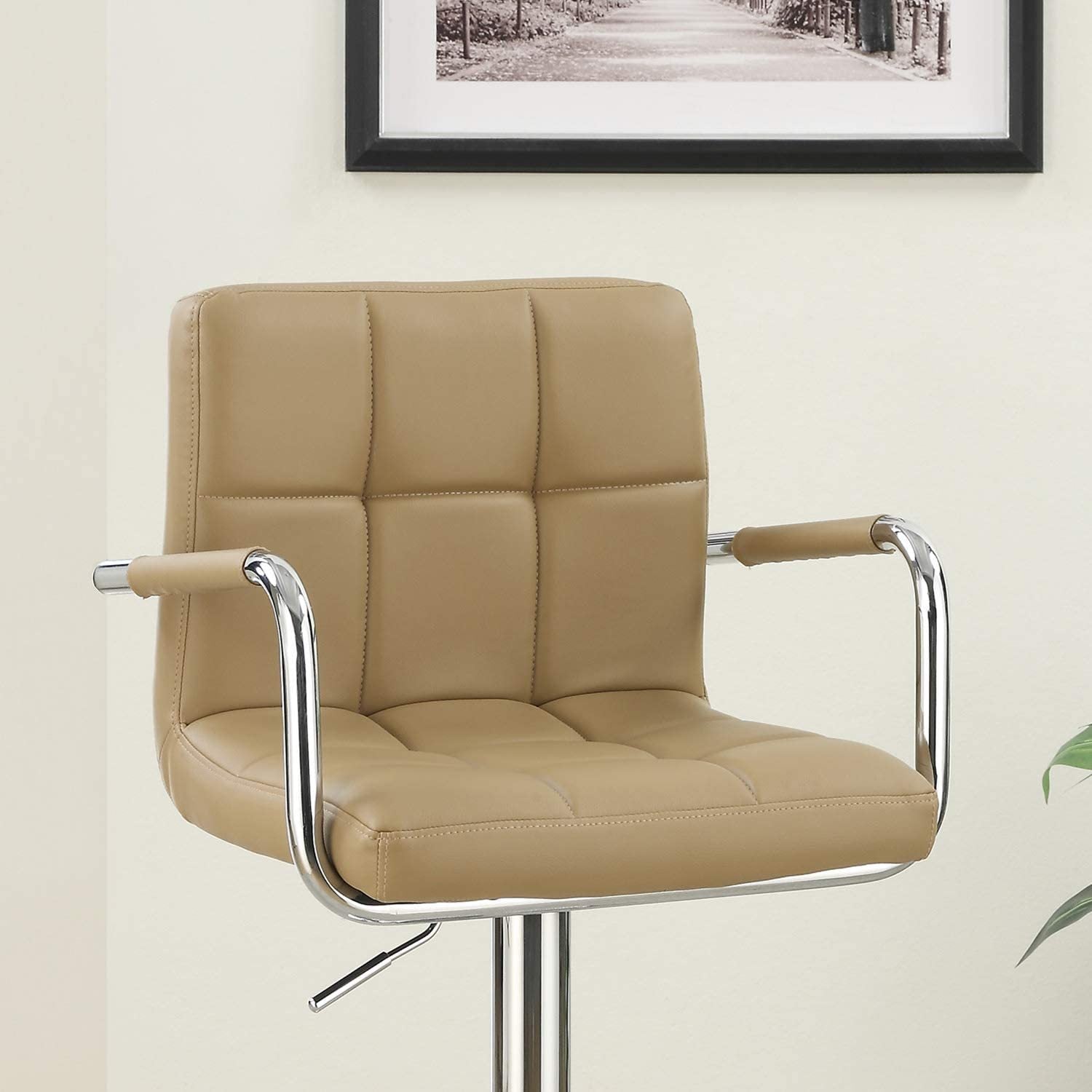 Brown Faux Leather Bar Stools Set of 2 - Adjustable Height Counter Stools with Armrests for Kitchen Island, Breakfast Bar & Home Decor