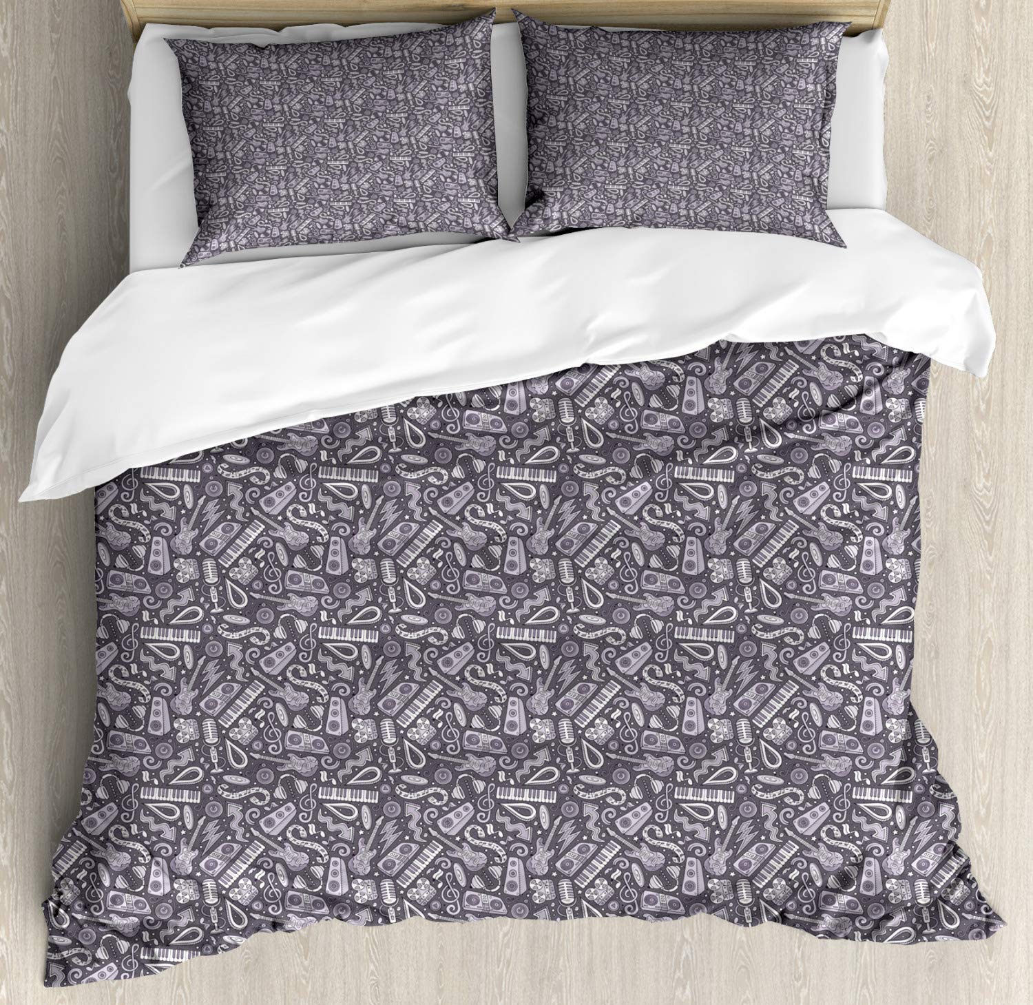 Ambesonne Music Duvet Cover Set - Disco DJ Instruments with Bass Guitar, Speakers, Keyboard, Drums & Headphones Design - 3 Piece Queen Size Bedding Set (2 Pillow Shams) - Purple Blue & Grey - Perfect for Music Lovers' Bedroom Decor & Themed Parties