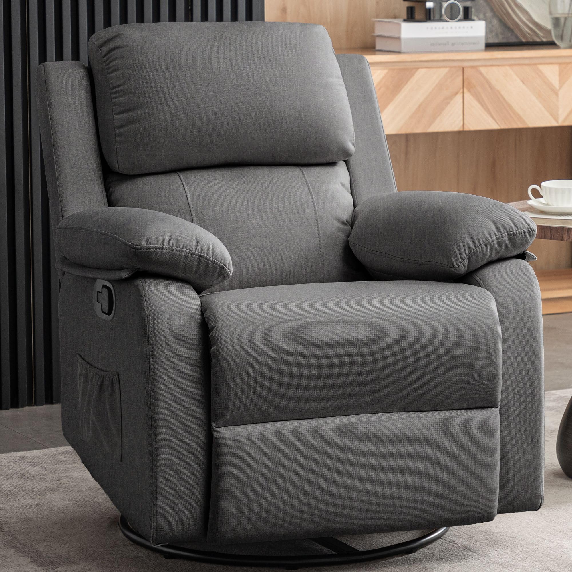 360° Swivel Rocking Recliner Chair for Adults - Small Space Fabric Upholstered Glider with Side Pockets - Perfect for Living Room, Nursery & Small Apartments