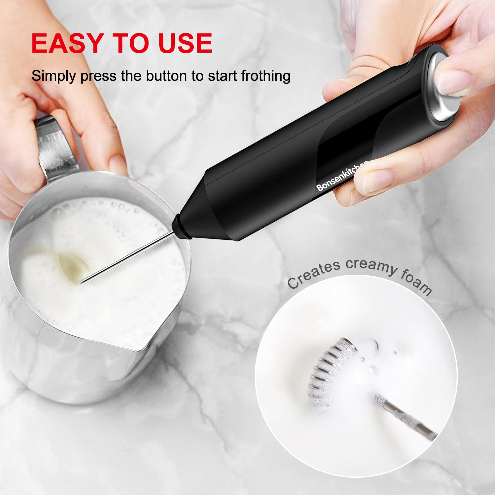 Bonsenkitchen Powerful Milk Frother for Coffee & Latte - Handheld Battery Operated Drink Mixer with Stainless Steel Whisk - Perfect for Cappuccino, Hot Chocolate & Smoothies at Home or Office