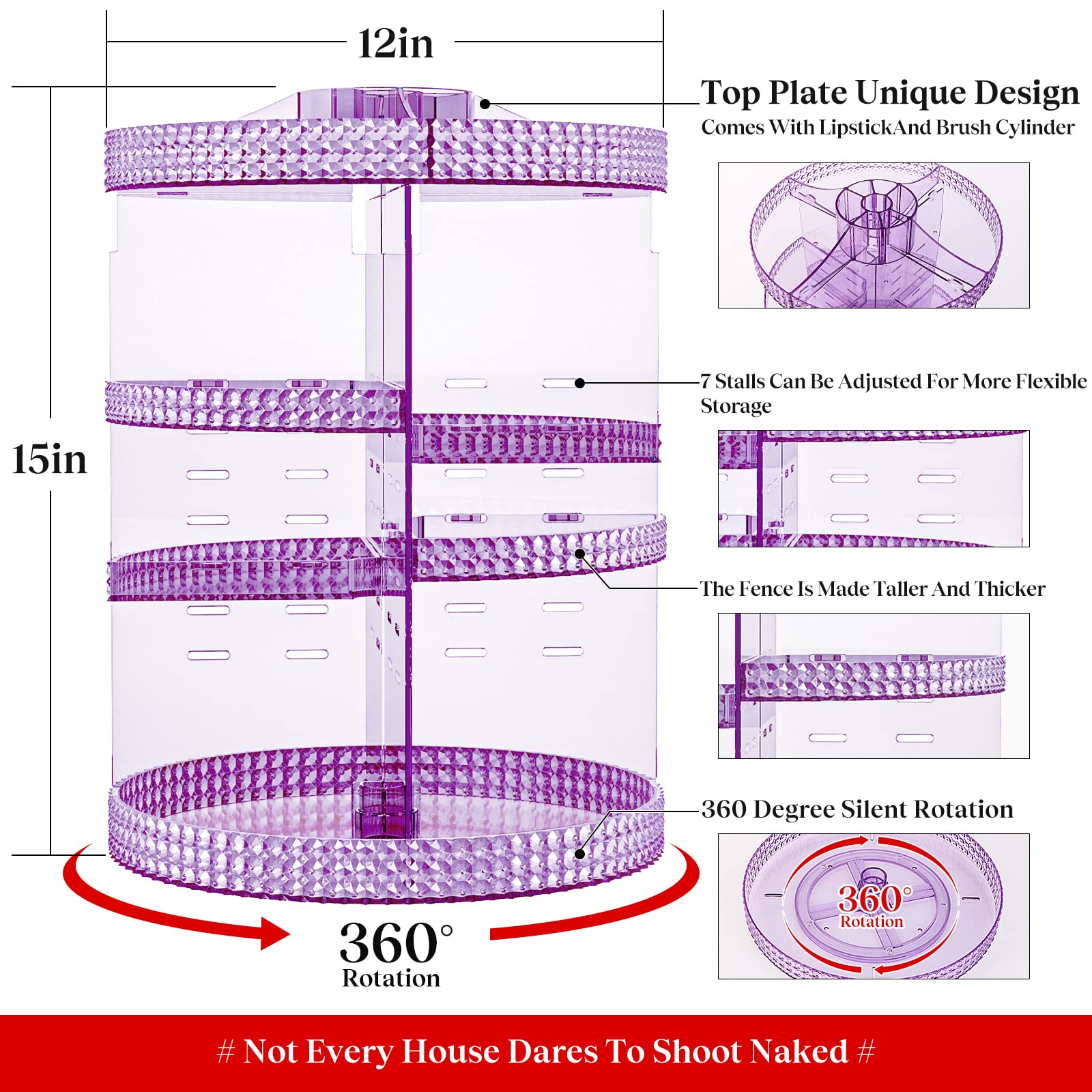 360 Degree Rotating Makeup Organizer - Large 7-Tier Acrylic Cosmetic Storage for Brushes, Lipsticks & Beauty Products | Perfect for Bathroom Vanity, Dressing Table & Travel | X-Large Purple Makeup Case