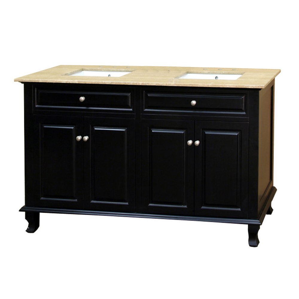 Bellaterra Home 62-Inch Double Sink Bathroom Vanity with Travertine Top - Modern Wood Vanity for Master Bathroom & Guest Bath Remodel (Model 603215-62B-TR) - Perfect for Spacious Bathrooms & Luxury Home Upgrades