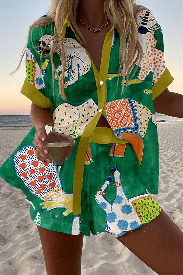 Trendy Graffiti Print Loose Fit Button Fly Elastic Waist Shorts Set for Women - Casual Summer Outfits, Beachwear & Street Style Fashion