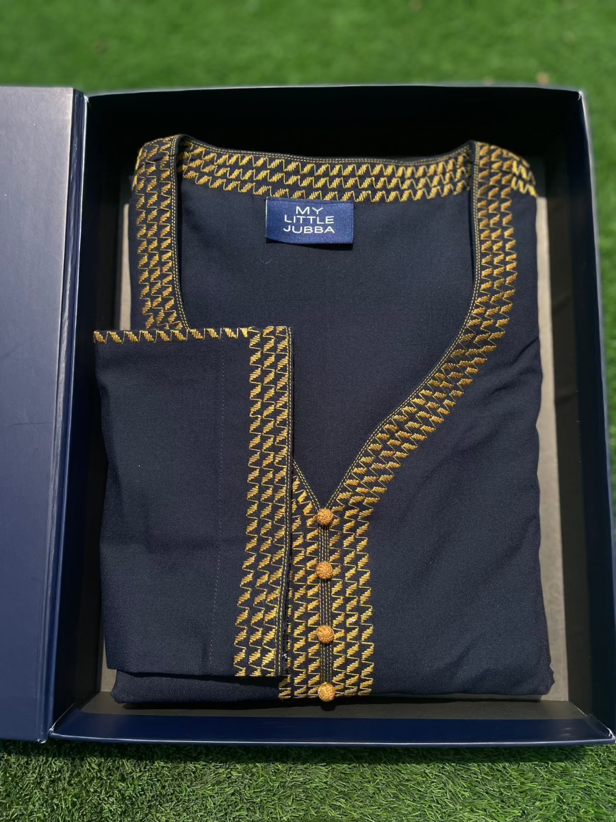 Men's Navy Blue Thobe with Mustard Embroidery - 3/4 Sleeve Traditional Islamic Robe for Prayer, Eid & Special Occasions