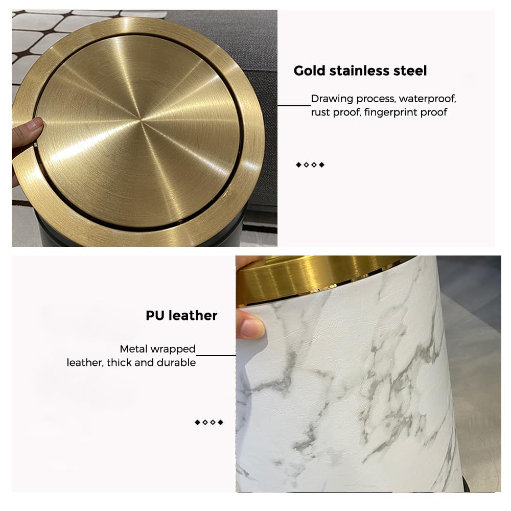 15L/4 Gallon Marble Trash Can with Lid - Gold Flip Top Bathroom Garbage Bin for Kitchen, Bedroom & Living Room - Elegant Waste Basket for Home, Office & Hotel Use