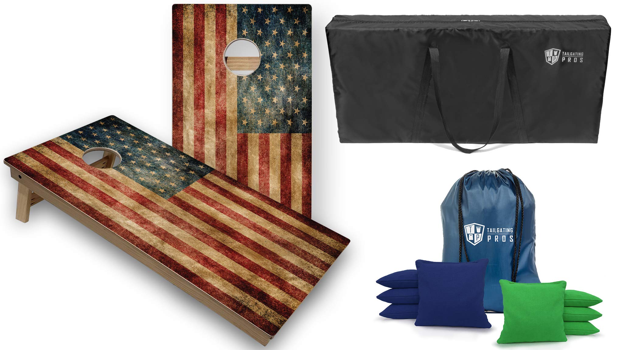 Tournament Grade Cornhole Game Set – 2 Professional 4'x2' Distressed Flag Cornhole Boards, 8 Bags & Carrying Case – Regulation Baltic Birch – Optional LED Lights – Perfect for Tailgating, Backyard Parties & Outdoor Events