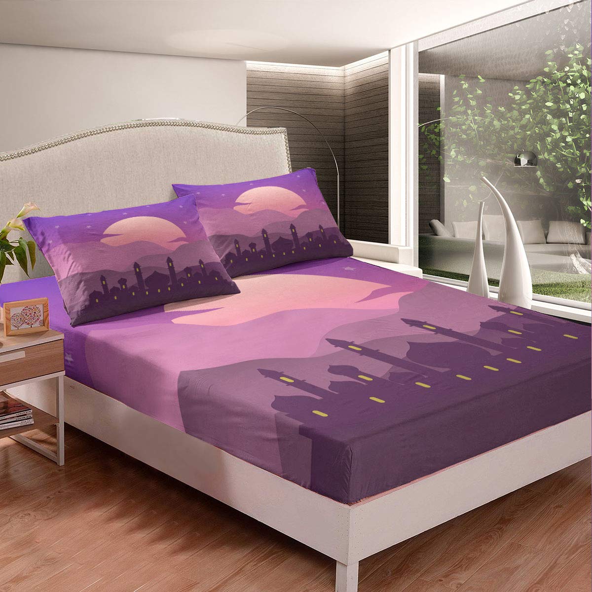 Castle Fairy Purple Witch Bedding Set - Printed Dye Twin XL 2pc (Fitted Sheet + Pillowcase) - Ultra Soft Deep Pocket Wrinkle-Resistant - Perfect for Halloween Decor & Gothic Bedroom Theme