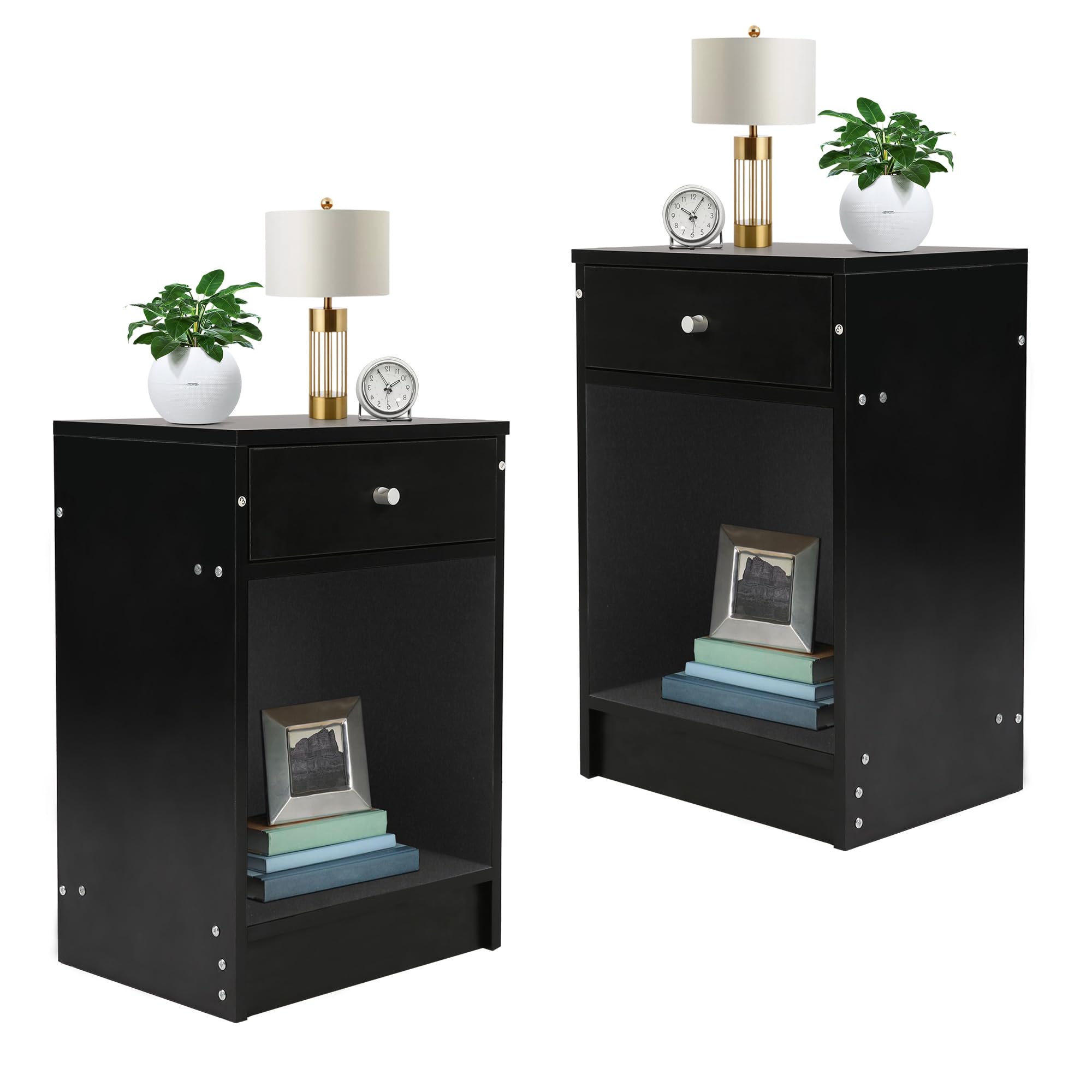 Modern Nightstand Set of 2 with Drawer & Open Shelf - Solid Wood Bedside Tables for Bedroom, Living Room End Tables - Perfect for Storing Books, Lamps & Bedroom Essentials (Black)