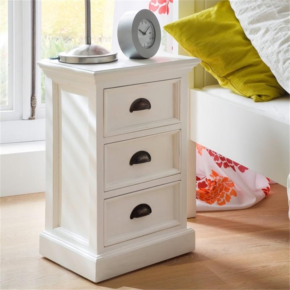 NovaSolo Halifax Pure White Mahogany Wood Nightstand with 3 Drawers - Bedside Table, End Table for Bedroom, Living Room & Office Furniture