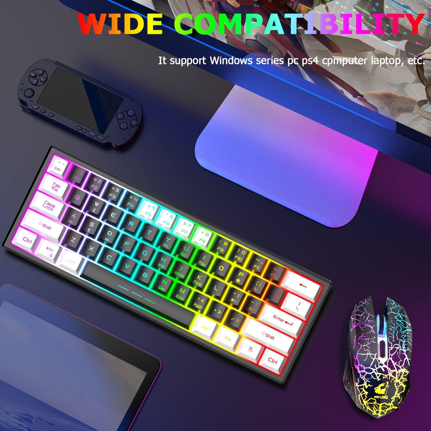 60% Wireless RGB Gaming Keyboard & Mouse Set - Rechargeable, Mechanical Feel for PC/Mac Gamers