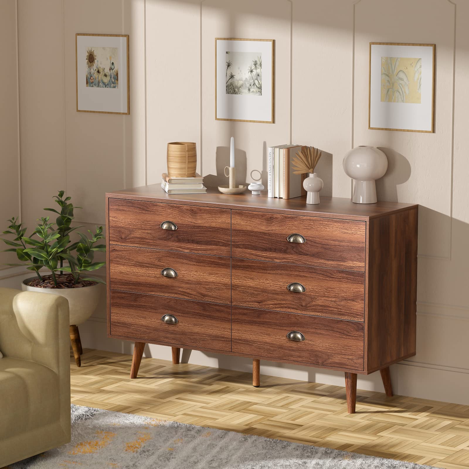 Mid Century Modern Dresser with 6 Wide Drawers & Metal Handles - Solid Wood Storage Chest for Bedroom, Living Room, Hallway & Entryway - Walnut Finish - Perfect for Organizing Clothes, Linens & Home Decor