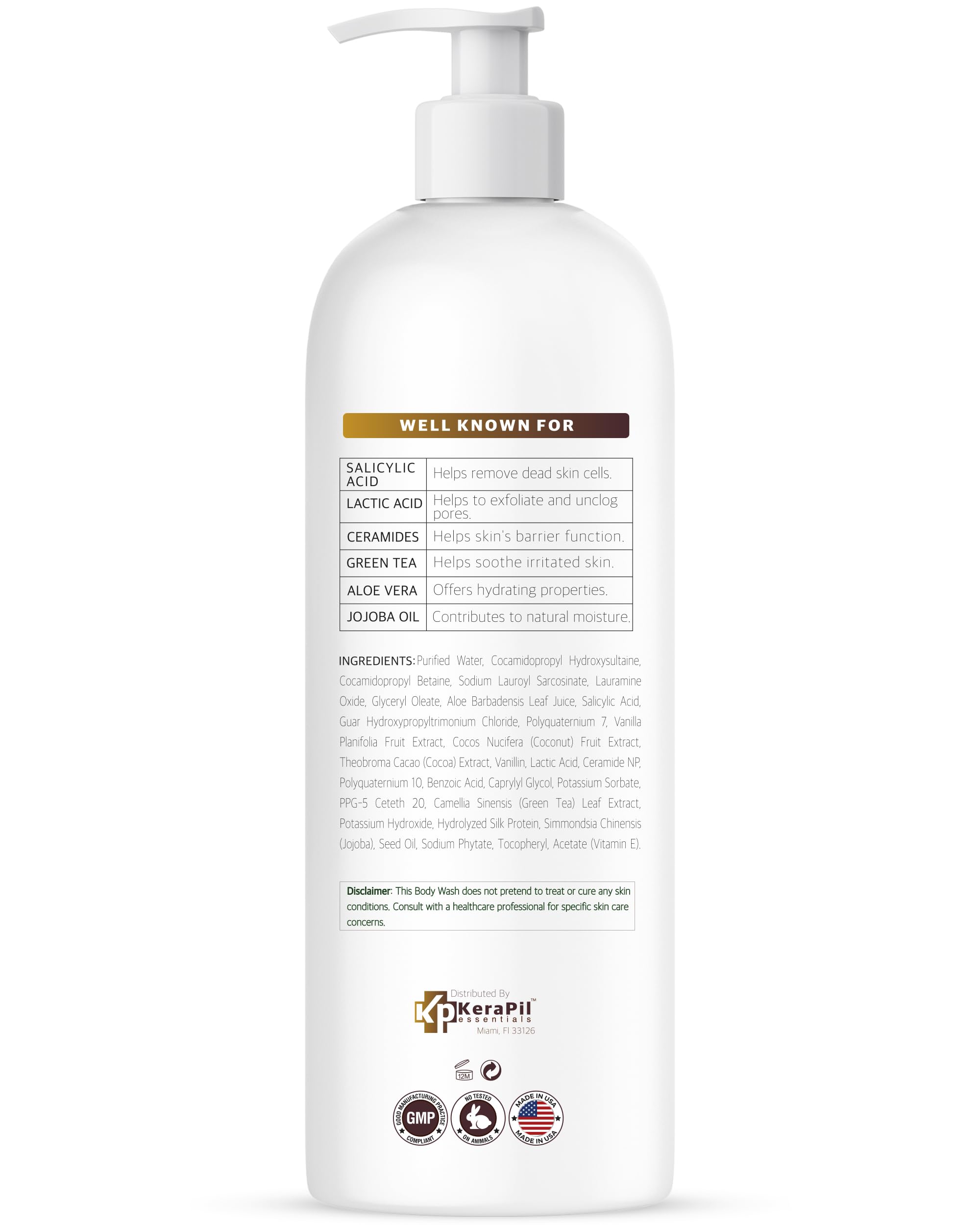 Exfoliating Body Wash with Salicylic Acid for Rough & Bumpy Skin - Gentle BHA & AHA Acne Treatment Body Wash - Coconut Vanilla Scent - Hydrating Formula Prevents Dryness - 16 fl oz x 2 Pack - Perfect for Shower, Post-Workout, and Sensitive Skin Care