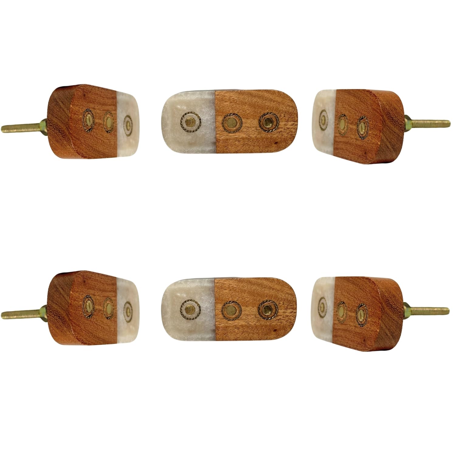 Premium Set of 6 Wooden Door Knobs with Decorative Oval Inlay - Elegant Brown & Off White Cabinet Handles (1.25