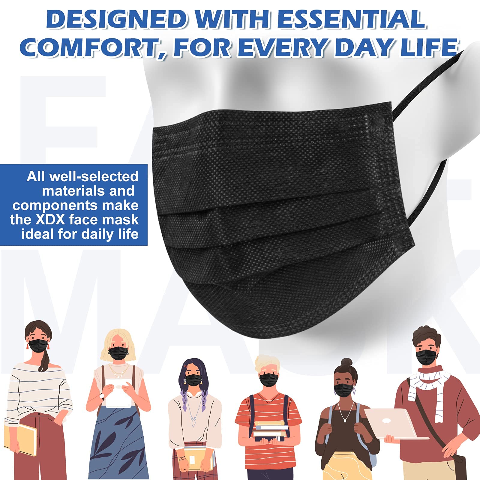 XDX Black Disposable Face Masks 50 Pack - 4 Layer Individually Wrapped Breathable Masks for Women & Men | Perfect for Daily Commute, Office Work, and Public Safety Protection