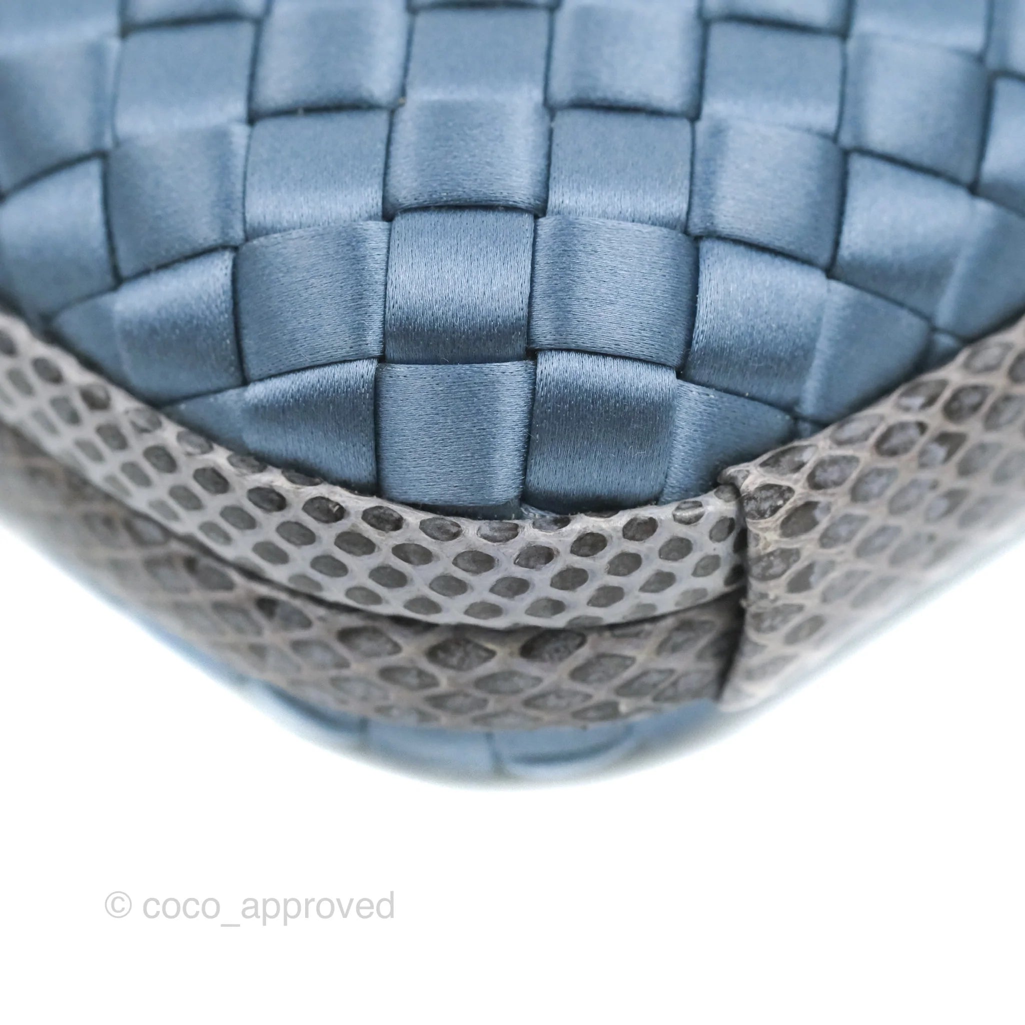 Bottega Veneta Ayers Satin Intreccio Stretch Knot Clutch Bag in Navy Blue | Luxury Evening Clutch for Women | Perfect for Parties, Weddings & Special Occasions