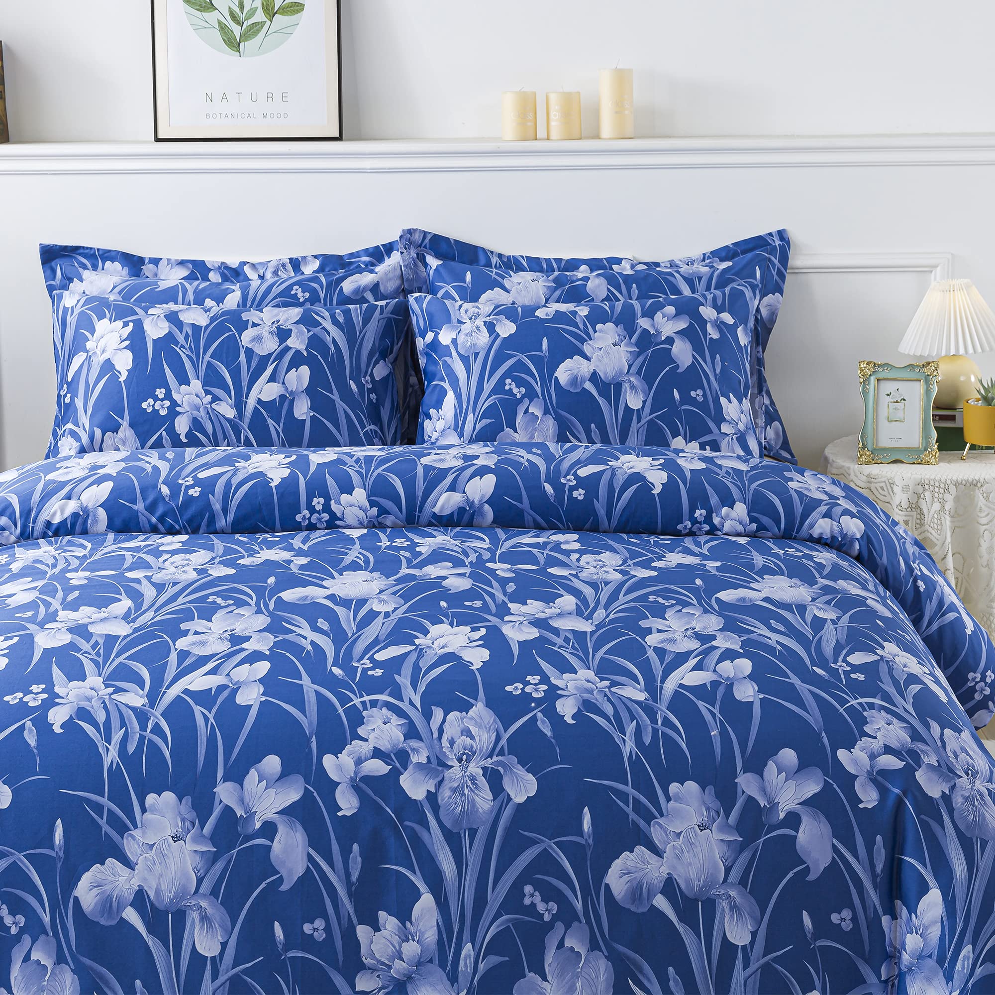 Softta Vintage Shabby Floral 3-Piece Duvet Cover Set - 100% Natural Cotton, Orchid Flower Design, Elegant Boho Chic Style with Hidden Zipper - Farmhouse Bedding Set in Blue Orchid (Full Size) - Perfect for Bohemian Bedrooms, Guest Rooms & Cozy Farmhouse Decor