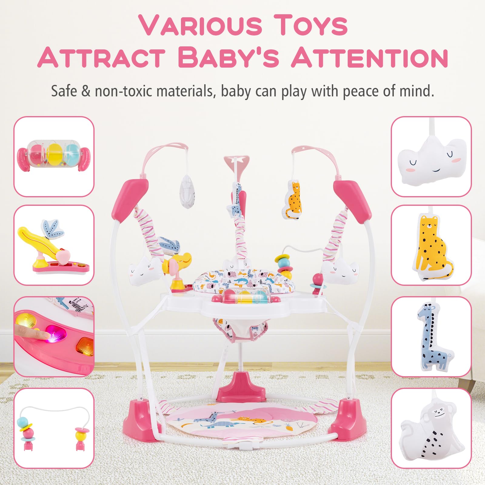 INFANS 3-in-1 Baby Activity Center with Music, Lights & Interactive Toys - 360° Rotating Seat, 3 Height Adjustments - Exersaucer Learning Toy for Infants 6-12 Months (Pink) - Perfect for Playtime, Early Development & Safe Bouncing Fun at Home