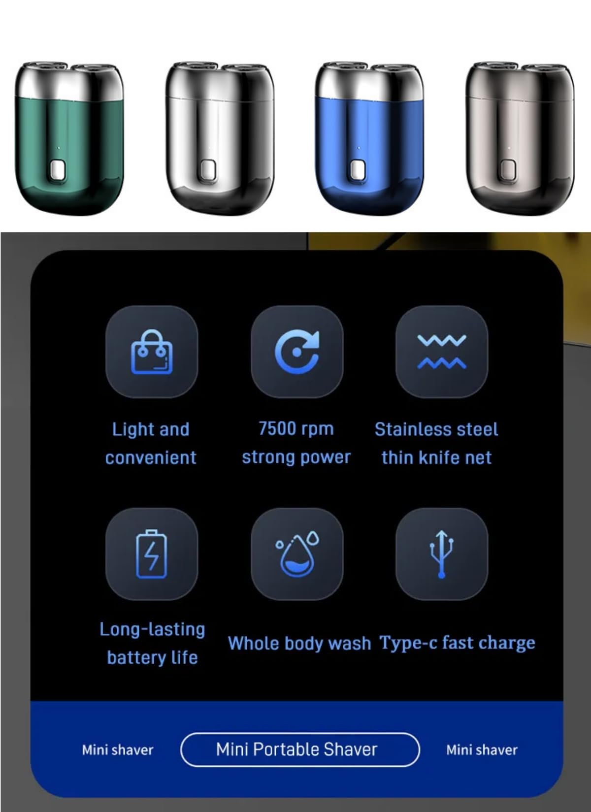 Mini Dual-Head Electric Shaver for Women & Men - Portable USB Rechargeable Shaver with Double Ring Movable Net Blades - Smooth Shaving for Travel, Gym & Daily Use (Blue)
