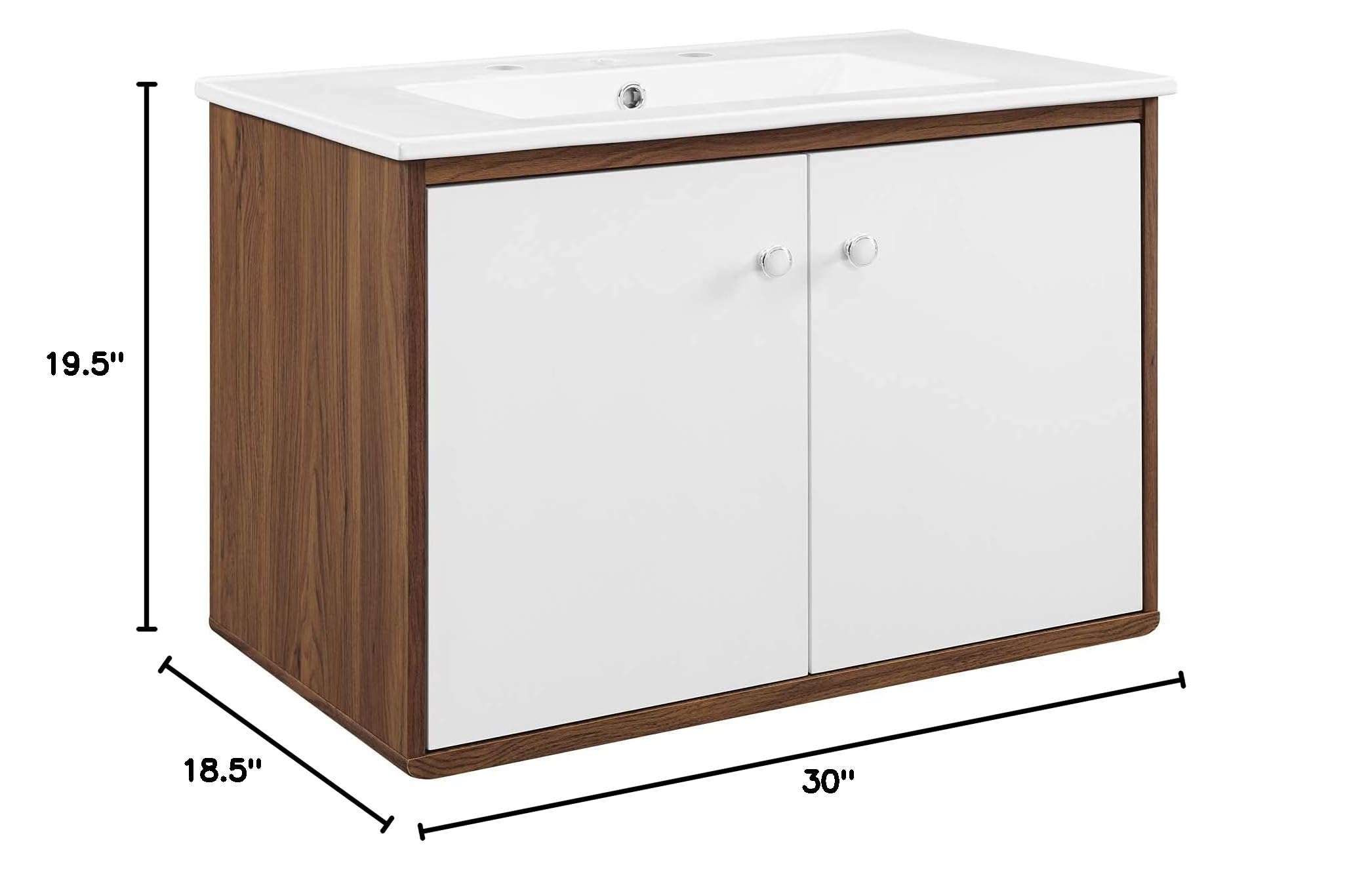 Modway Transmit 30-Inch Wall-Mount Bathroom Vanity in Walnut & White - Modern Space-Saving Storage Solution for Small Bathrooms & Powder Rooms
