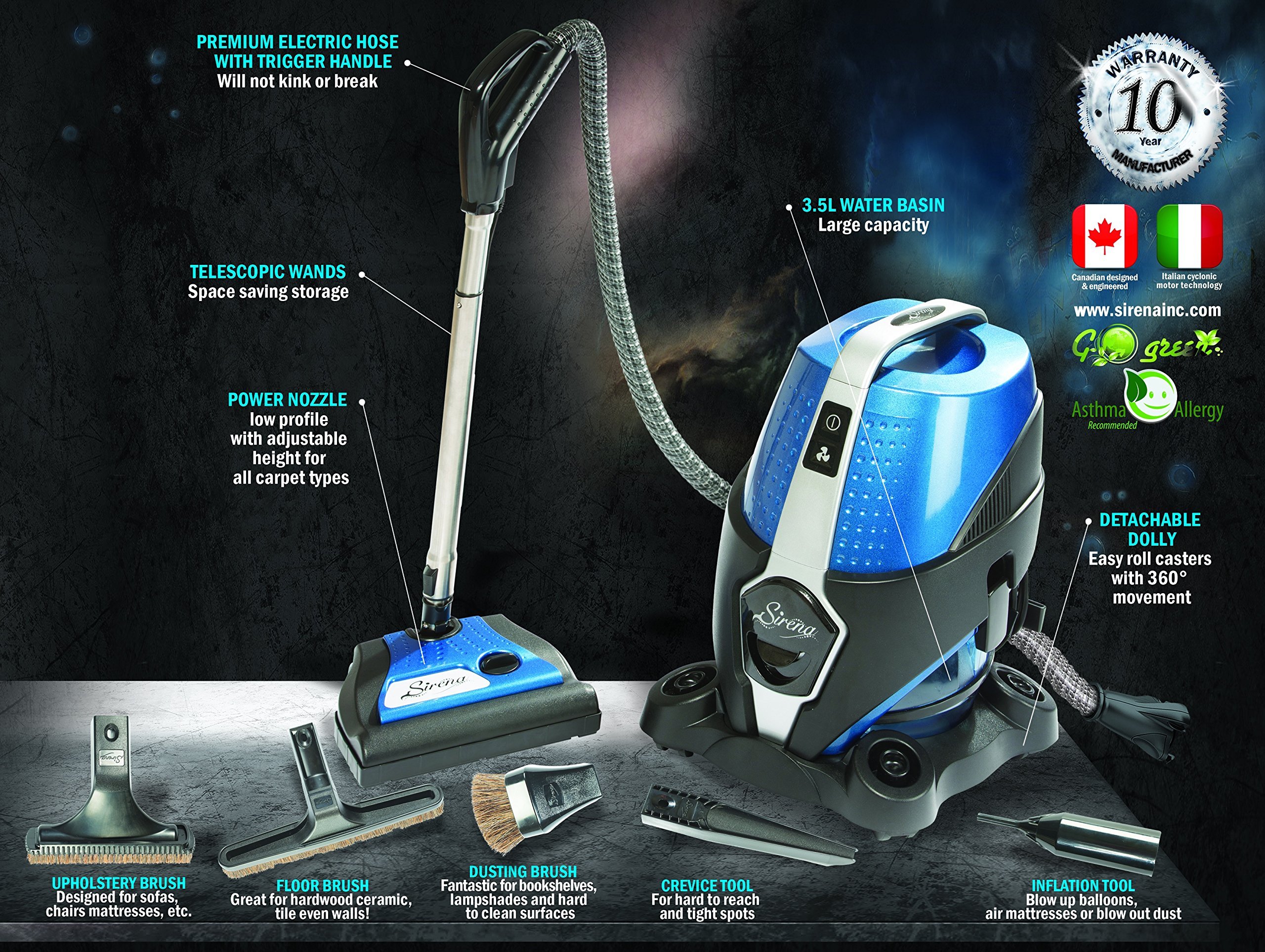 Sirena Water Filtration Vacuum Cleaner - 2-Speed Bagless Canister Vacuum for Allergies & Pet Hair | Perfect for Hardwood Floors, Carpets & Home Cleaning