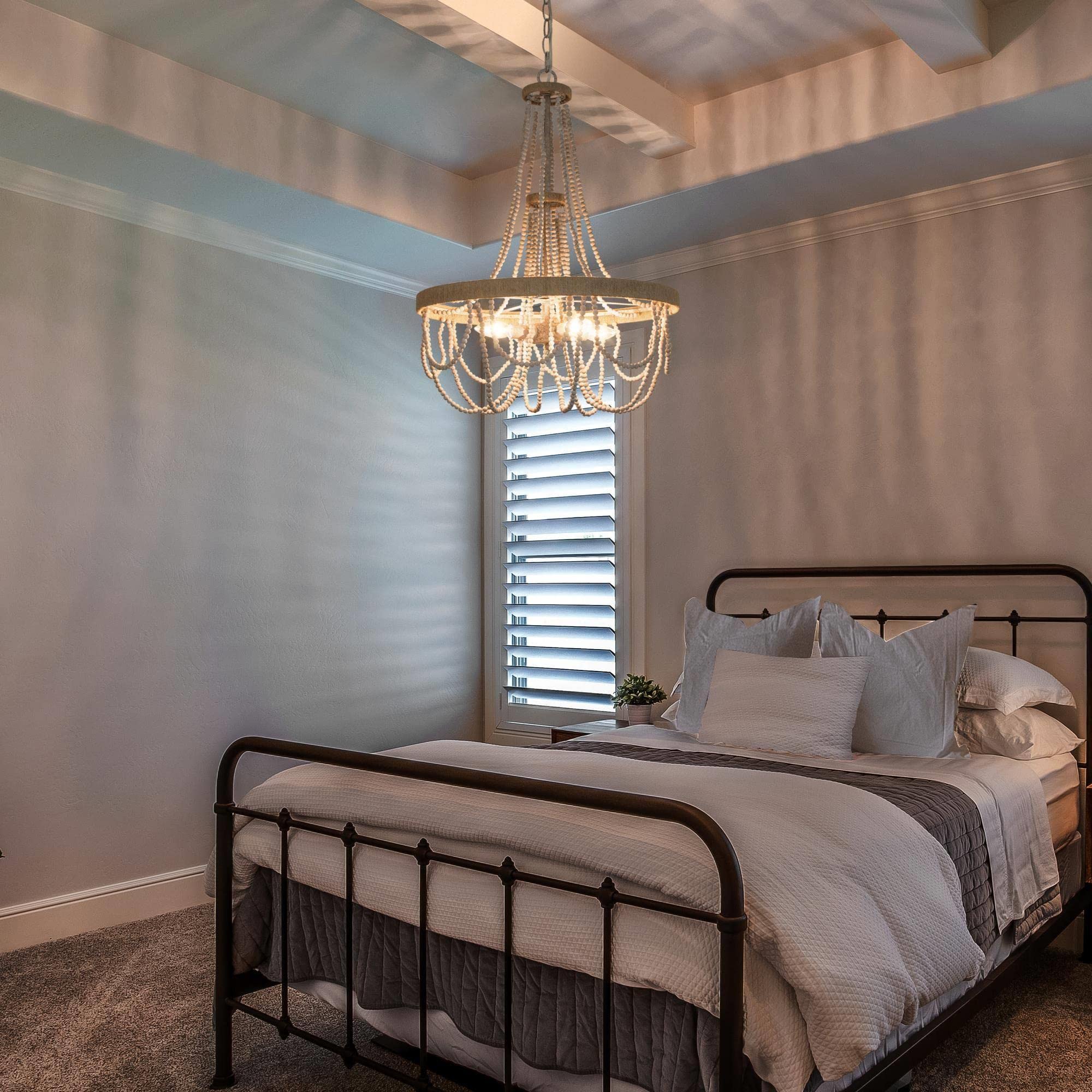 Rustic Farmhouse Wood Beaded Chandelier - 4-Light Boho Ceiling Pendant Light with Natural Hemp Ropes for Dining Room, Living Room & Bedroom Decor | Perfect for Boho, Farmhouse & Coastal Style Homes