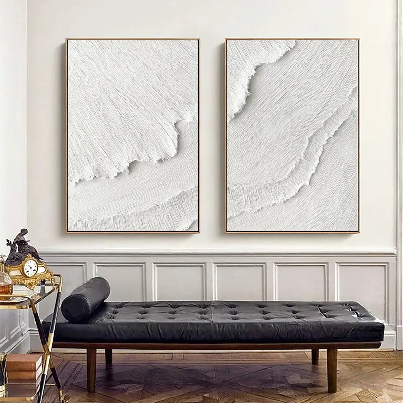 Minimalist White Textured Canvas Paintings - Set of 2 Modern Abstract Wall Art (MM065) | Perfect for Living Room, Bedroom & Office Decor