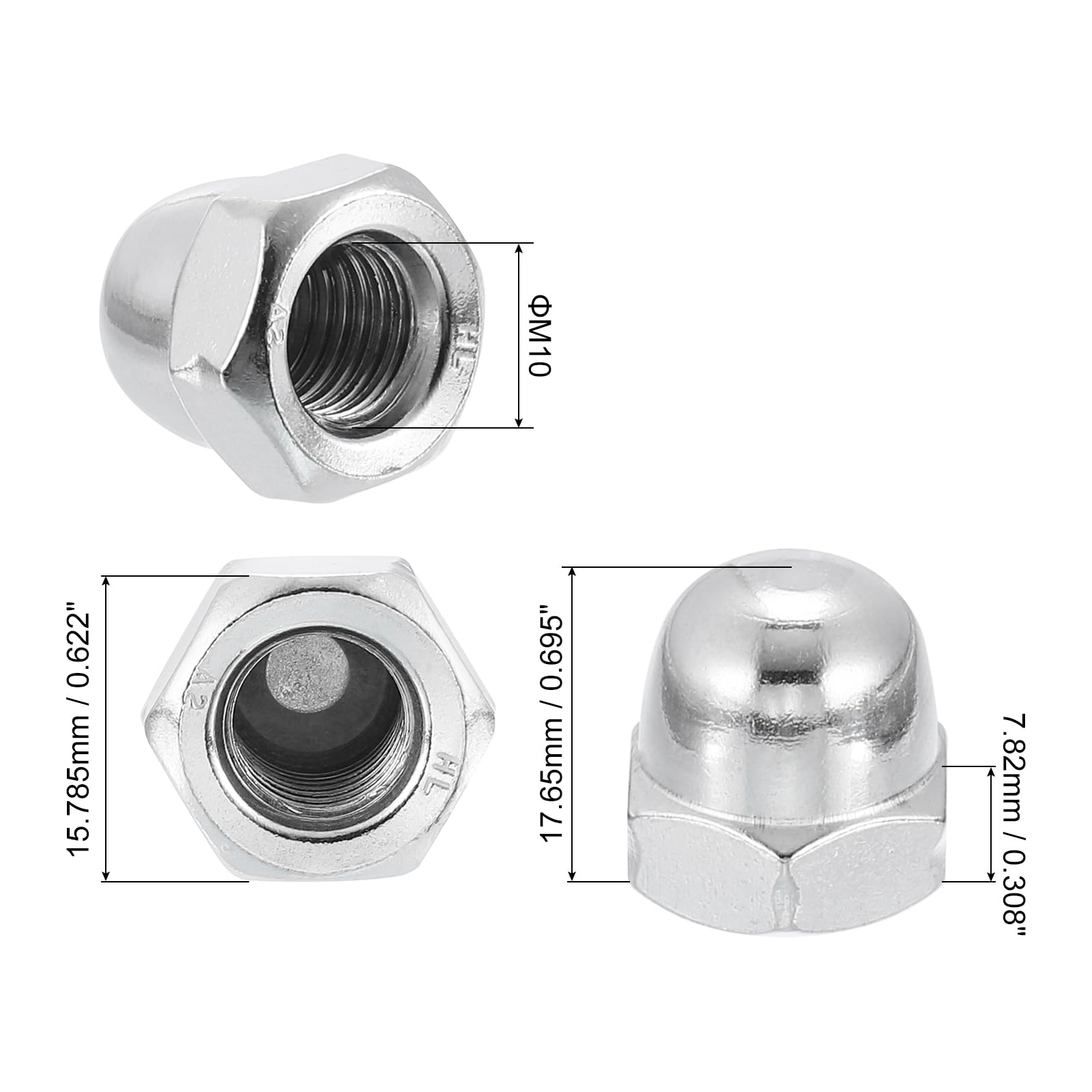 uxcell 10Pcs M10x1.5 304 Stainless Steel Acorn Cap Nuts - Dome Head Hex Nut for Bolt Cover, Automotive & Furniture Hardware (Silver) - Perfect for DIY Projects, Machinery Protection & Decorative Finishes