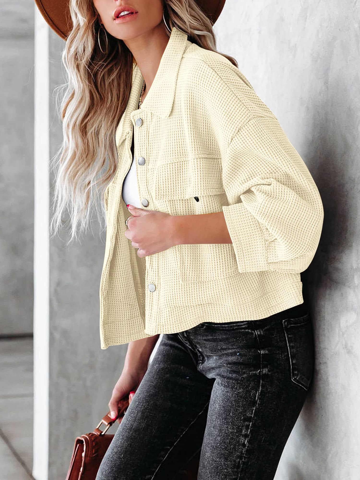 BZB Women's Lightweight Waffle Knit Cropped Shacket Jacket - Long Sleeve Button Down Shirt for Fall & Winter Layering | Casual Outfits, Office Wear & Weekend Brunch