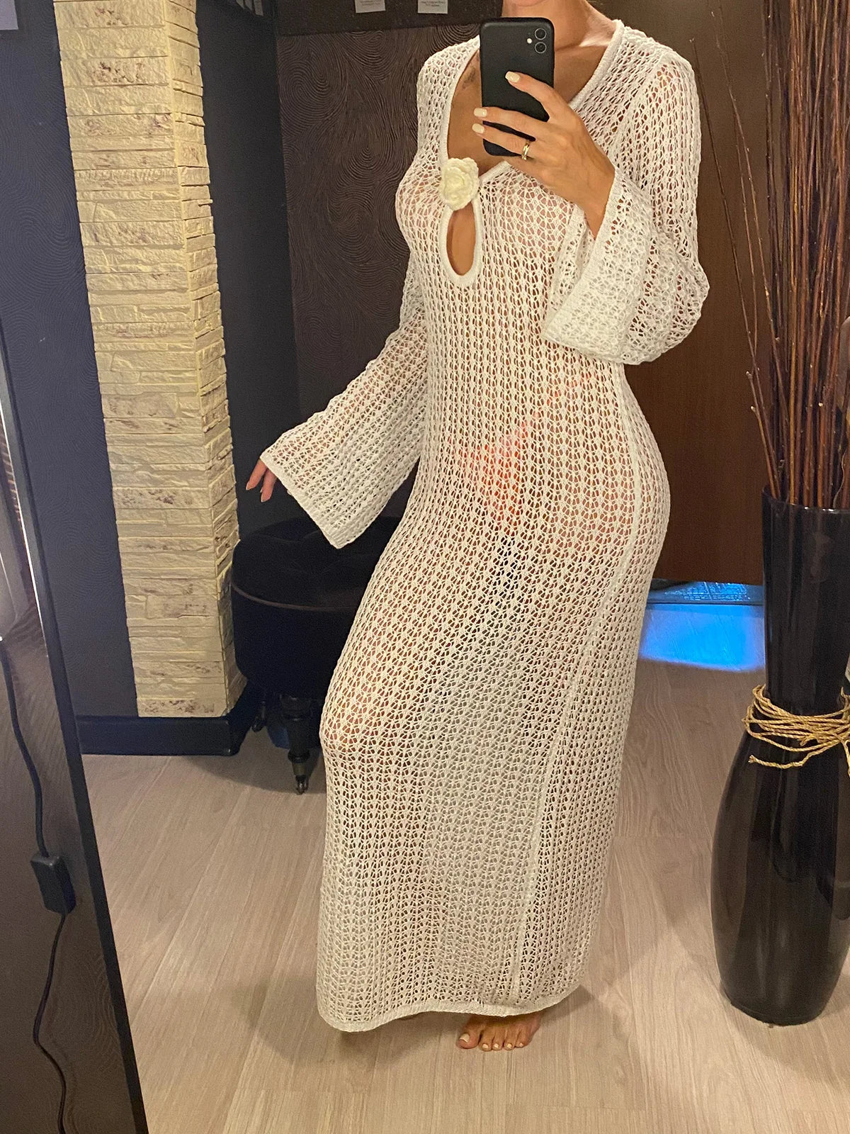 3D Flower V-Neck Long Sleeve Crochet Knitted Tunic Beach Cover Up Dress for Women - Perfect for Summer Vacations, Pool Parties, and Seaside Outings