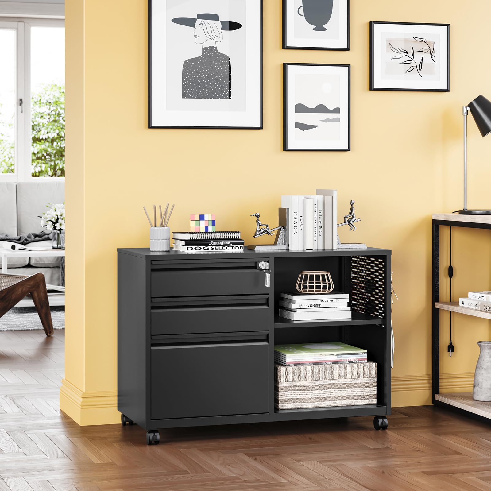 3-Drawer Locking Metal File Cabinet - Mobile Lateral Filing Cabinet with Shelves, Printer Stand for Home Office Storage (Black) | Perfect for Organizing Documents, Office Supplies & Home Workspaces