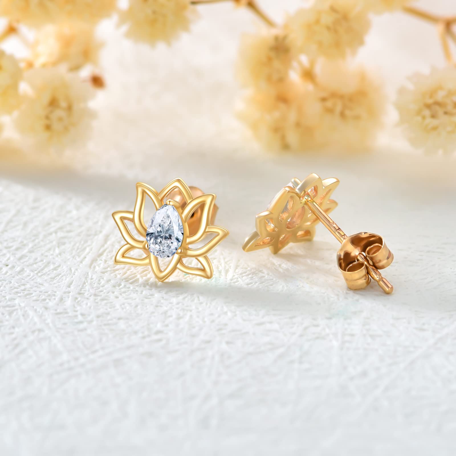 14K Gold Lotus Flower Stud Earrings for Women - 14 Carat Solid Gold Floral Jewelry Gift Set for Her - Perfect for Weddings, Anniversaries & Special Occasions